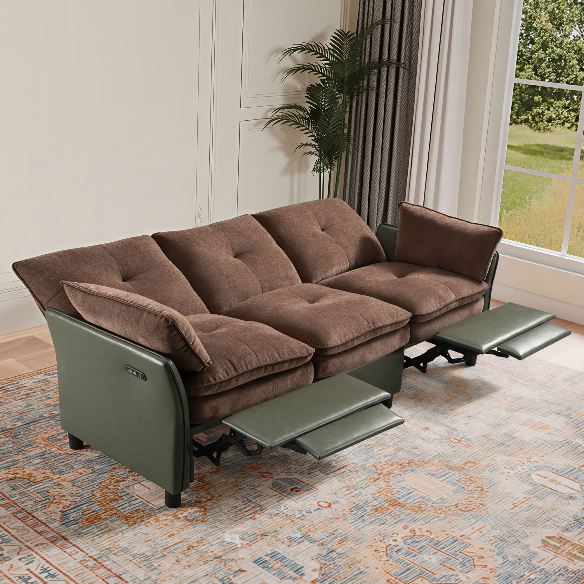 MAYEERTY 3-Seater Reclining Sofa with Extendable Footrest, Dual-Tone Linen & PU Leather Couch, 660 LBS Capacity for Living Room Apartment