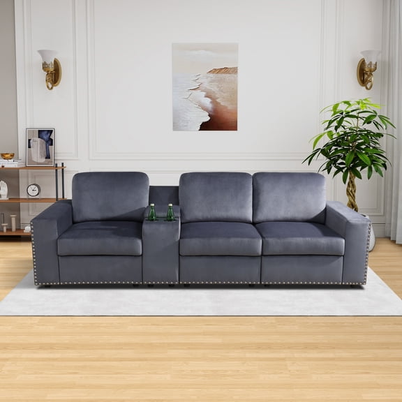 MAYEERTY 3-Seater Sofa, Upholstered Couch with Console, Cup Holders & Anti-Insect Solid Wood Frame, for Living Room Family Room Apartment, Dark Grey