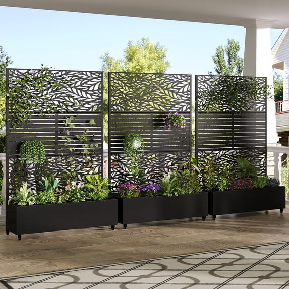 MAYEERTY 3-Set 47*16" Outdoor Black Metal Planter Box with Trellis for Climbing Plants,Leafy & Parallel Pattern