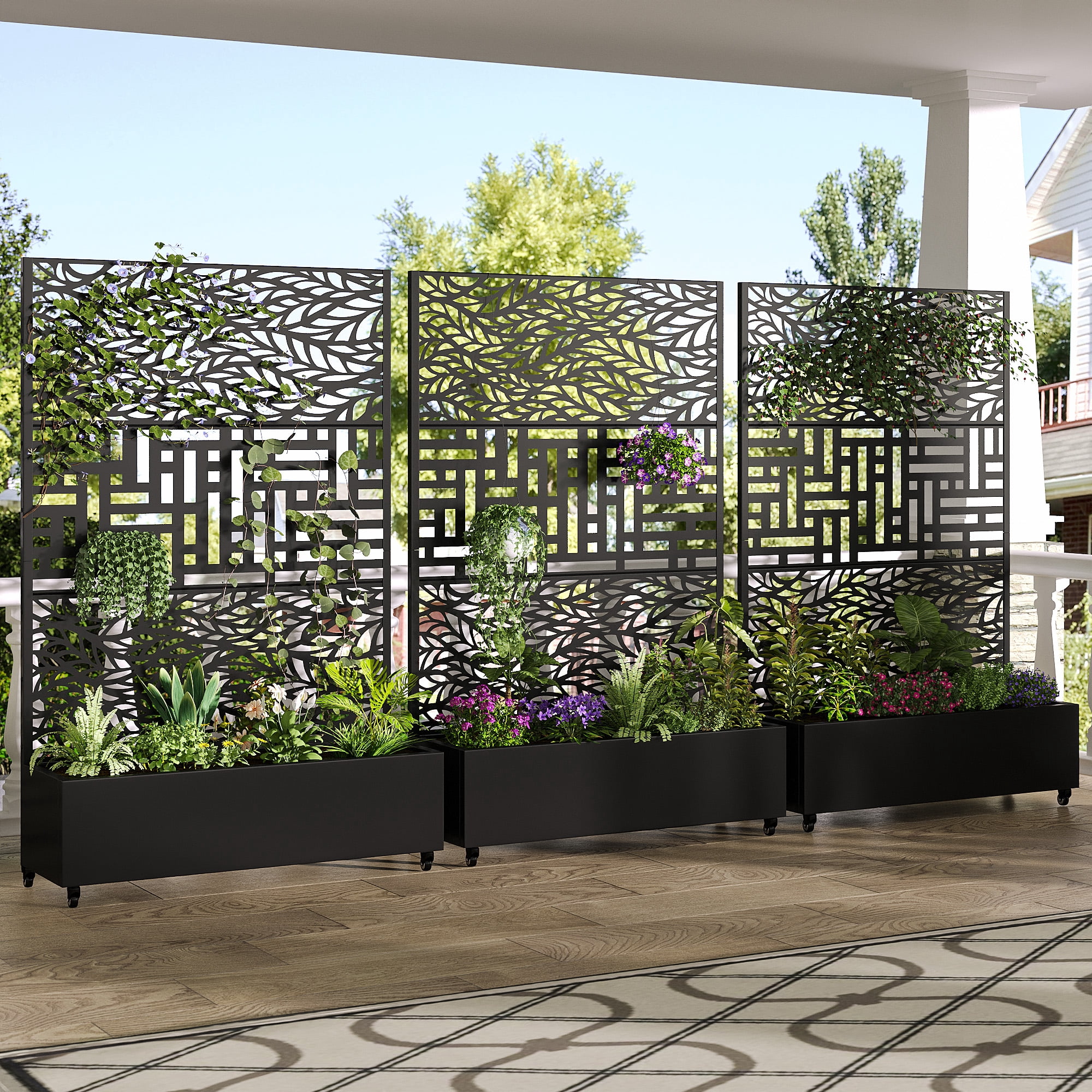 MAYEERTY 3-Set 47*16" Outdoor Black Metal Planter Box with Trellis for Climbing Plants,Leafy & Street Pattern