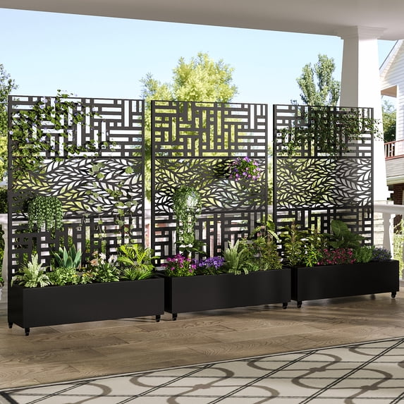 MAYEERTY 3-Set 47*16" Outdoor Black Metal Planter Box with Trellis for Climbing Plants,Street & Leafy Pattern
