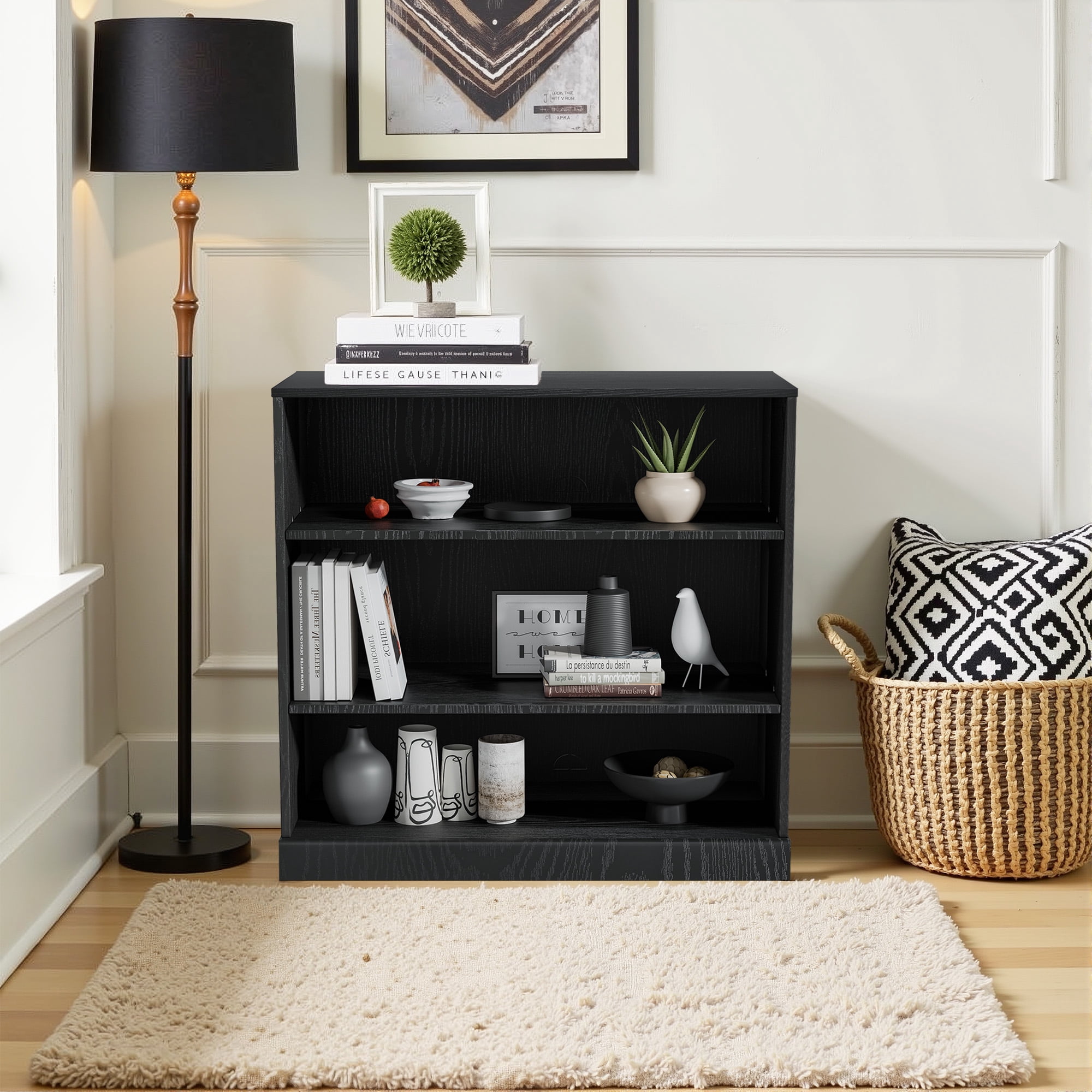 MAYEERTY 3-Shelf 16*31*31"Black Wood Grain Bookcase with Adjustable Shelves, Durable Storage for Home or Office