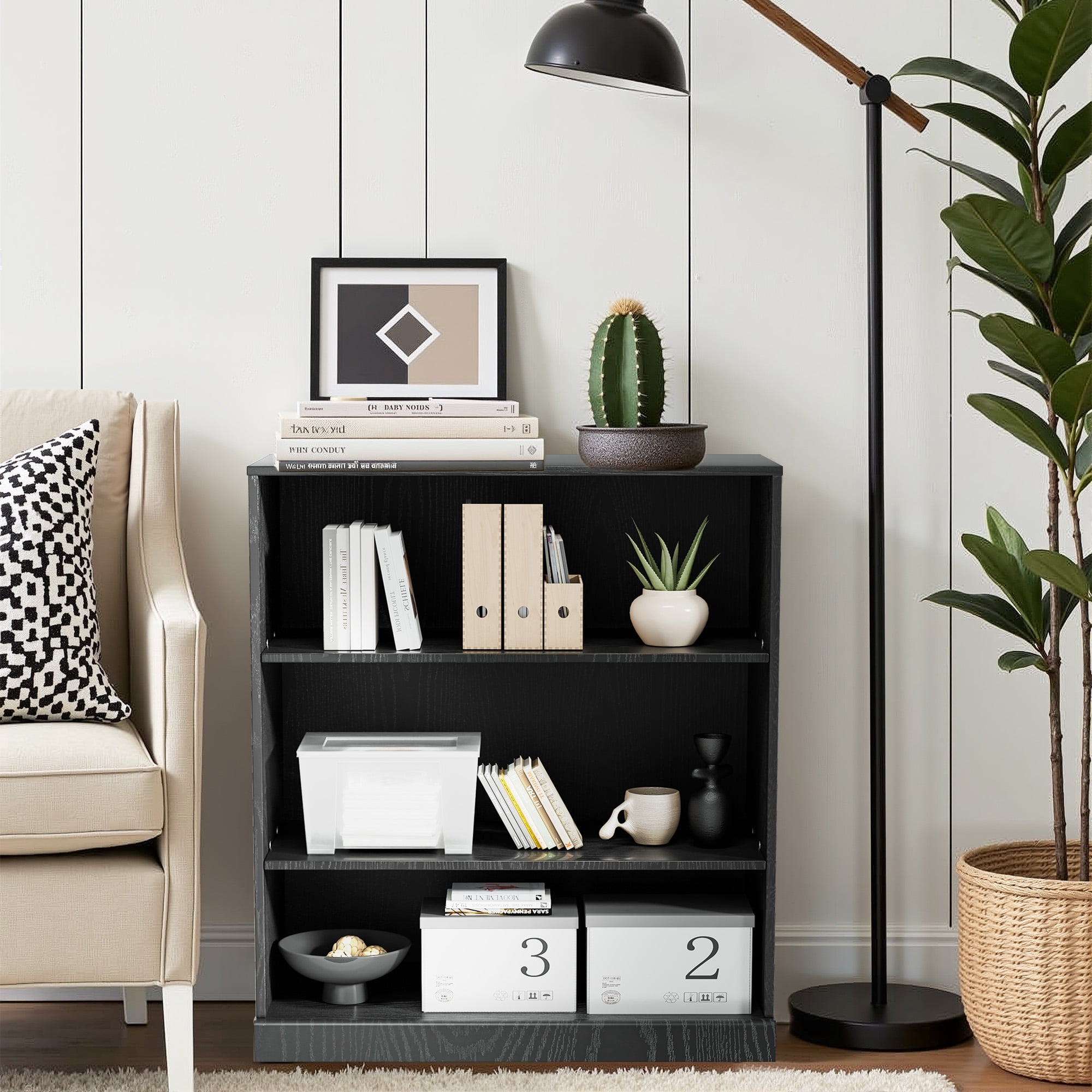 MAYEERTY 3-Shelf 16*31*36"Black Wood Grain Bookcase with Adjustable Shelves, Durable Storage for Home or Office