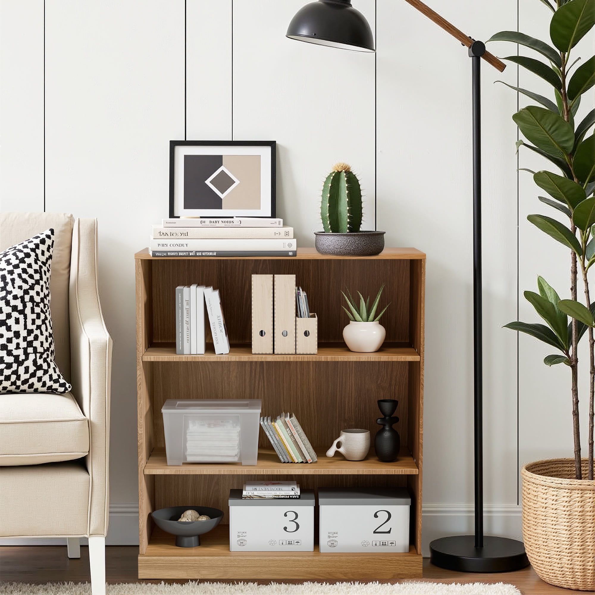 MAYEERTY 3-Shelf 16*31*36"Natural Wood Grain Bookcase with Adjustable Shelves, Durable Storage for Home or Office