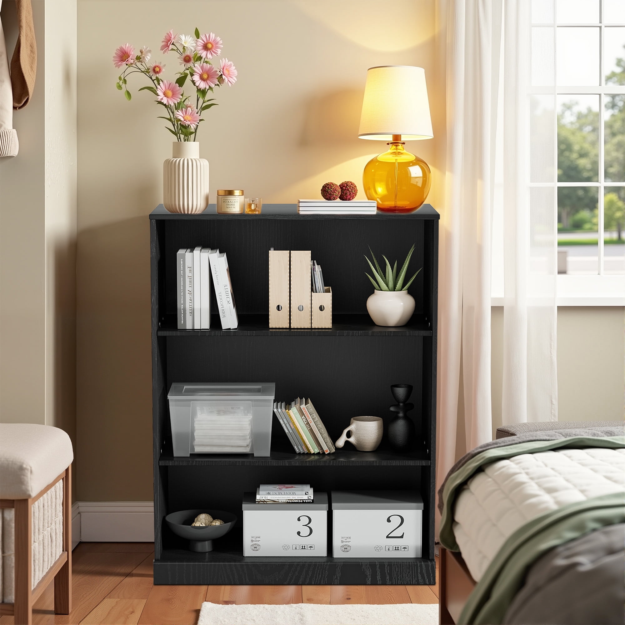 MAYEERTY 3-Shelf 16*31*41"Black Wood Grain Bookcase with Adjustable Shelves, Durable Storage for Home or Office
