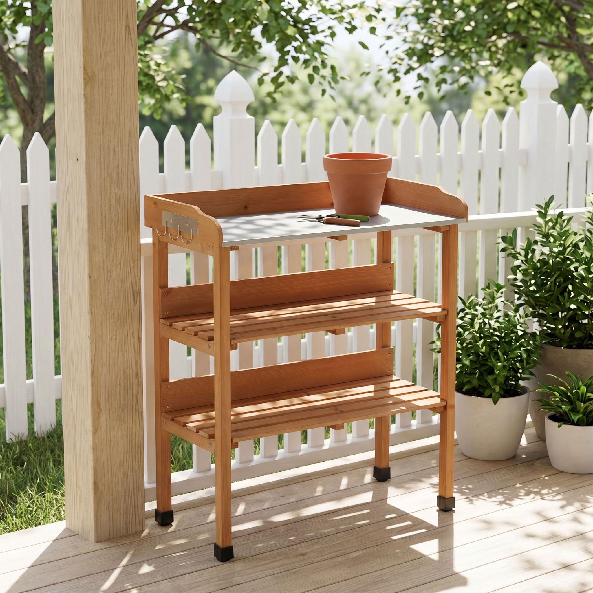 MAYEERTY 3-Tier Garden Potting Table, Outdoor Workstation with Metal Tabletop, Built-In Hooks for Patio, Garage, Workshop