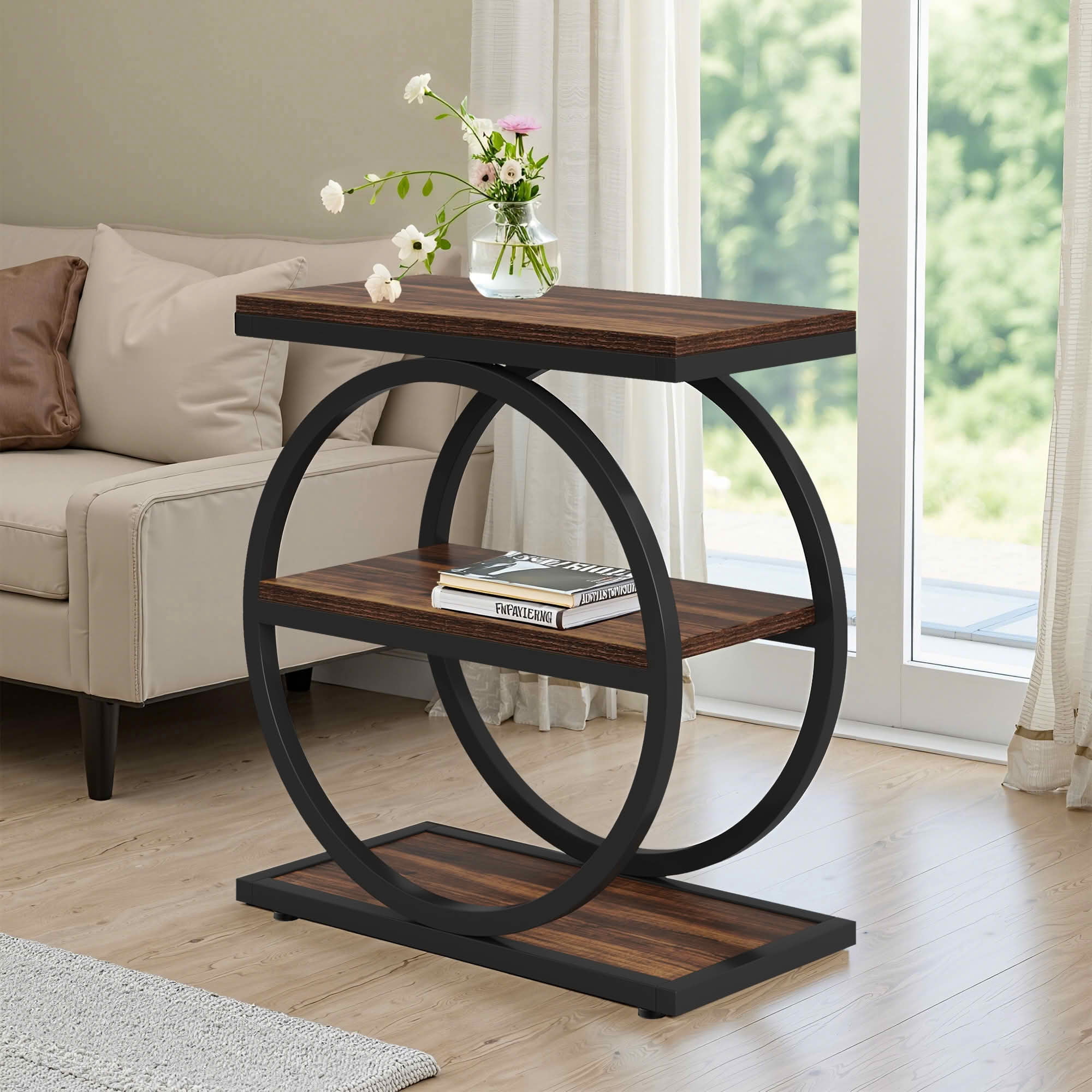 MAYEERTY 3-Tier Industrial End Side Table, E1 MDF Round Thick Metal Frame Storage Nightstand for Living Room Bedroom
