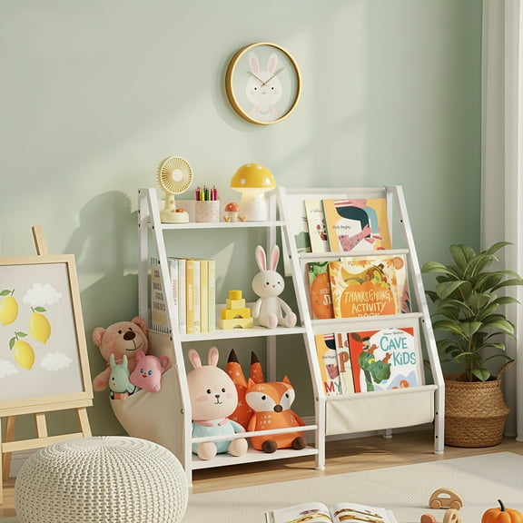 MAYEERTY 3 Tier Kids Bookcases with Pocket, Kids Wooden Bookshelf with Toy Storage Multi-Function Organizer for Kids Room Playroom Nursery Classroom, White
