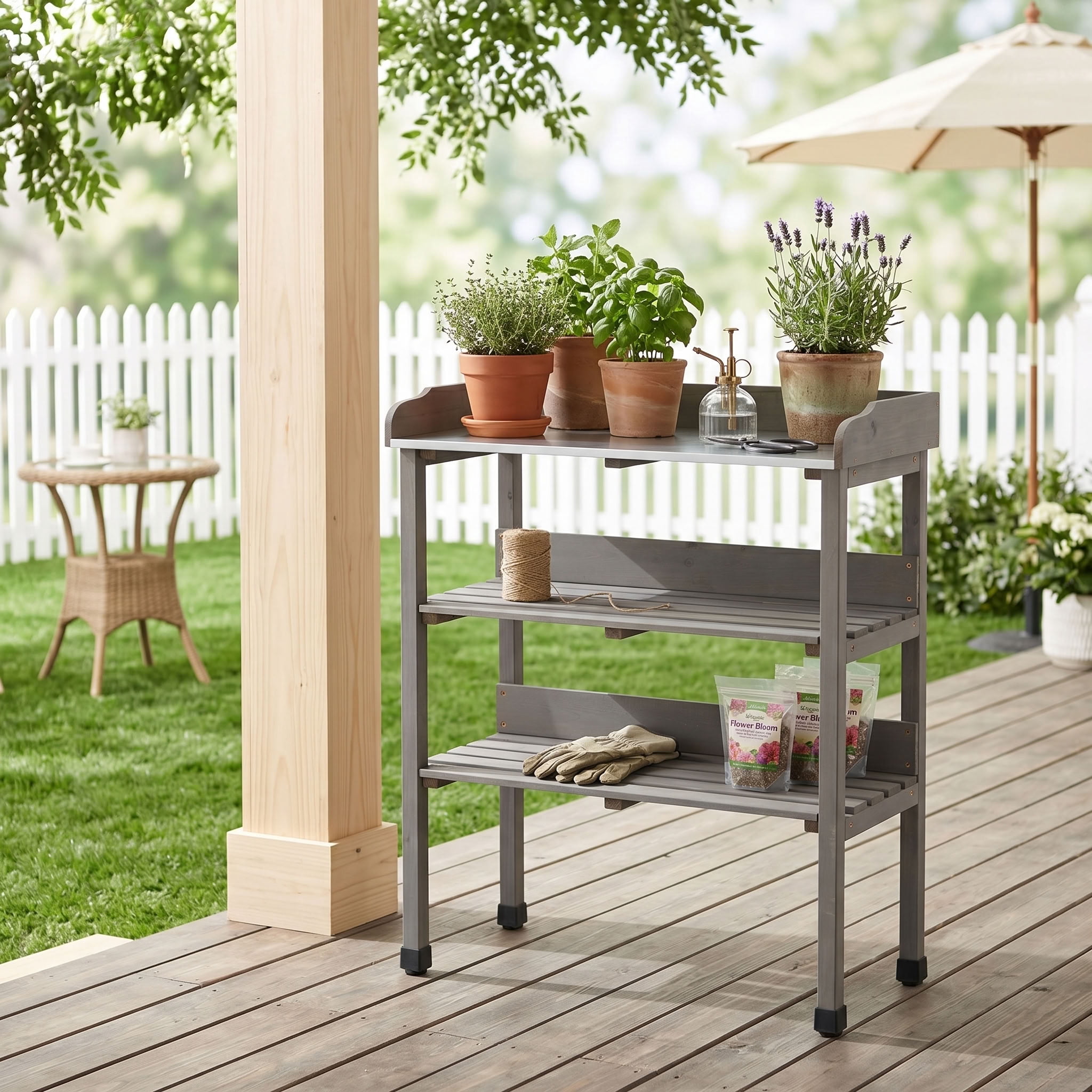 MAYEERTY 3-Tier Potting Table, Outdoor Work Bench with Metal Tabletop, Built-In Hooks & Adjustable Feet, for Garden, Patio, Garage, Workshop