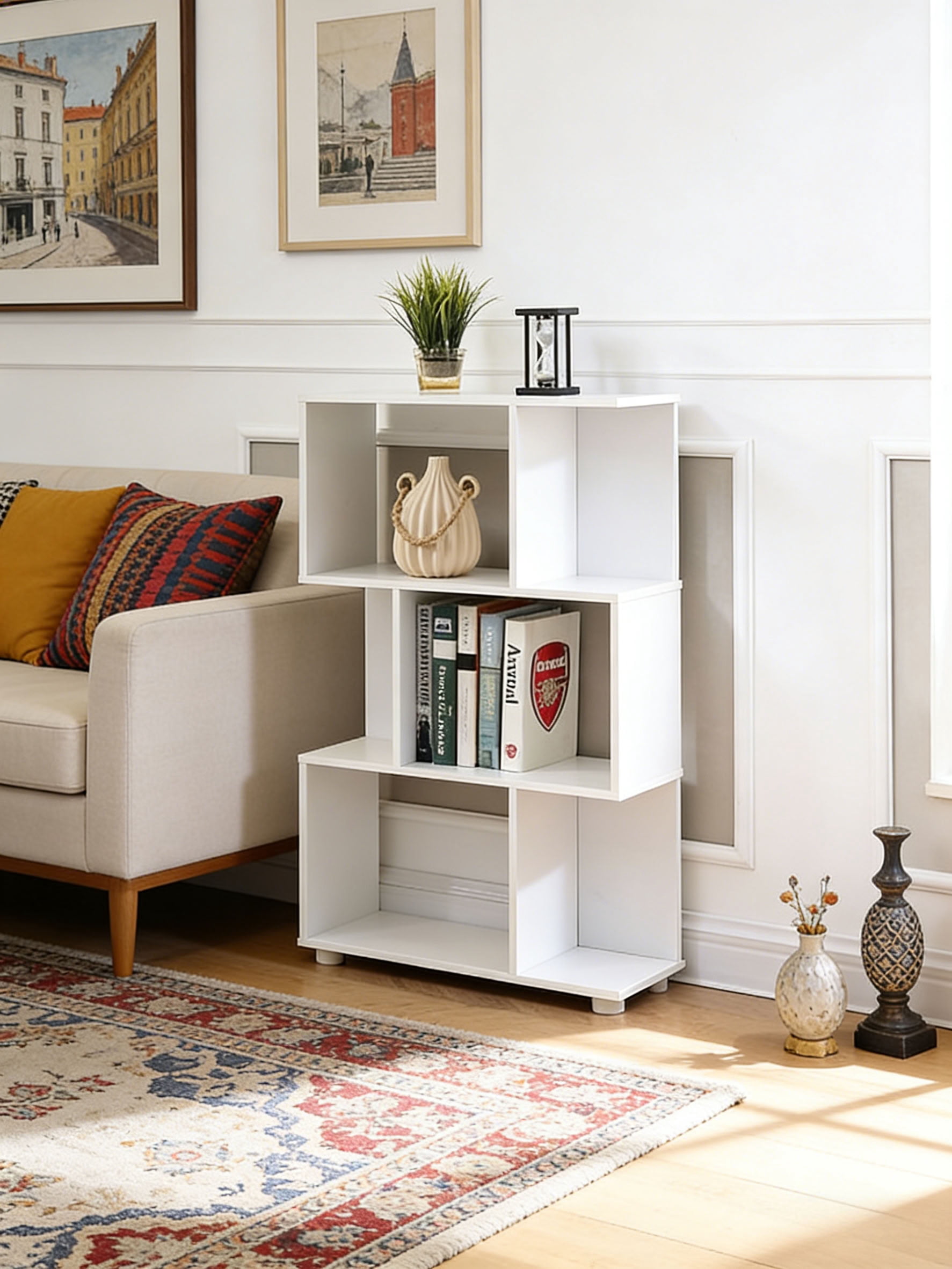 MAYEERTY 3-Tier Staggered Bookshelf, Freestanding Display Storage Shelf Unit for Living Room Bedroom Home Office Small Spaces