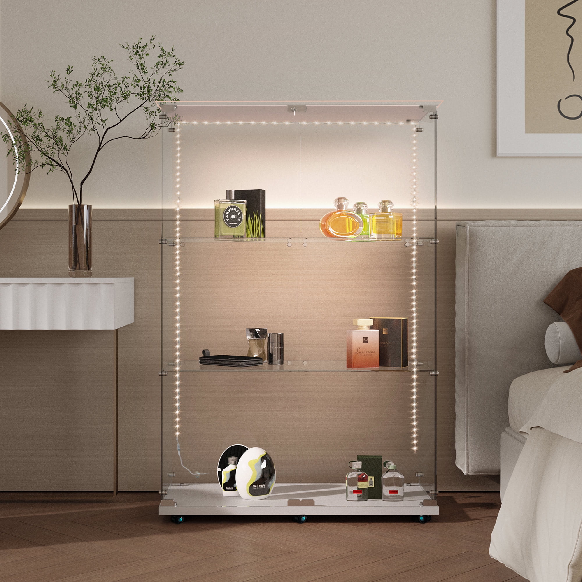 MAYEERTY 3 Tiers Glass Display Cabinet with Bluetooth LED Light Strip, Curio Storage Cabinet with 2 Door Wheels and Lock, Tempered Glass Top, White