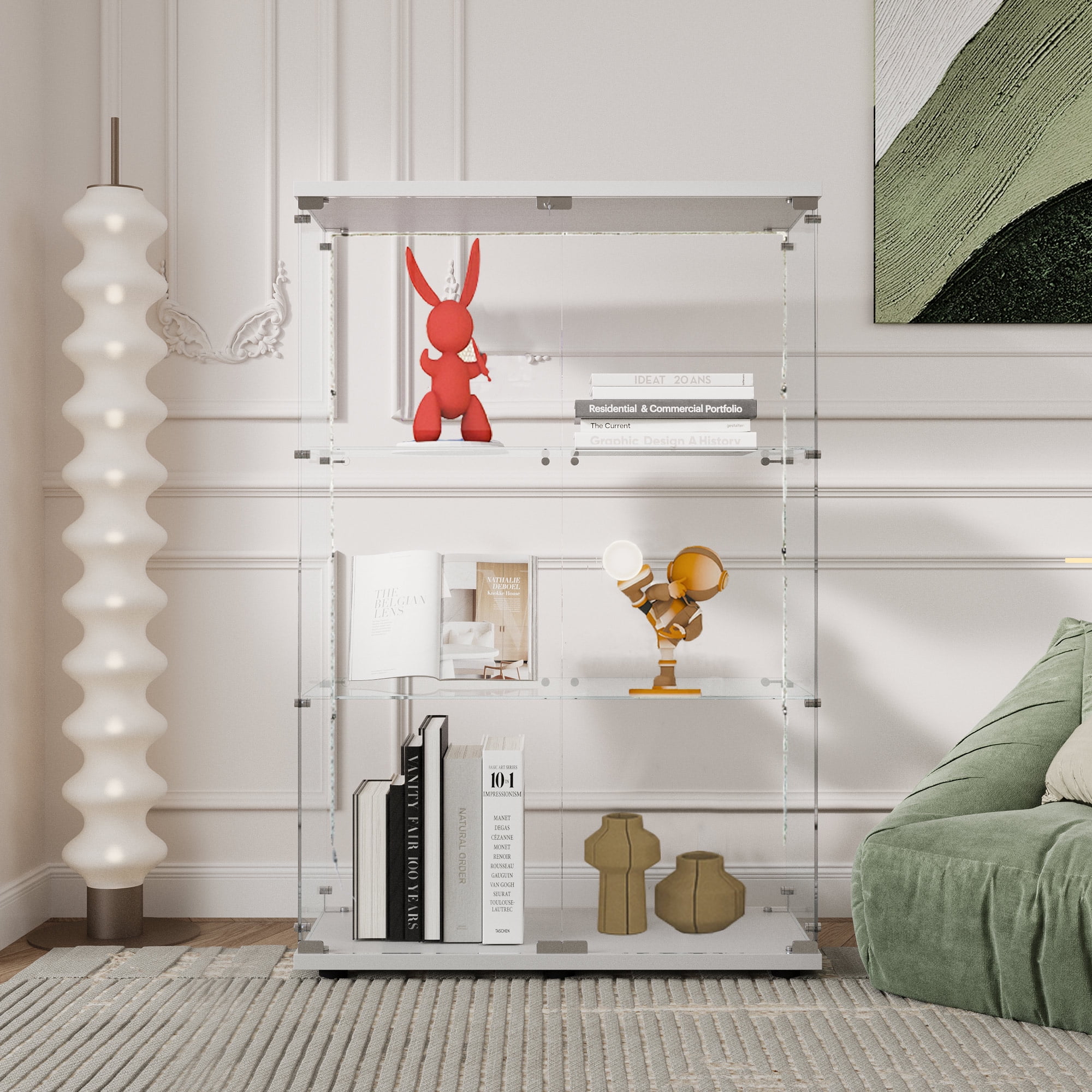 MAYEERTY 3 Tiers Glass Display Cabinet with Bluetooth LED Light Strip, Curio Storage Cabinet with 2 Door and Lock, Wood Top, White