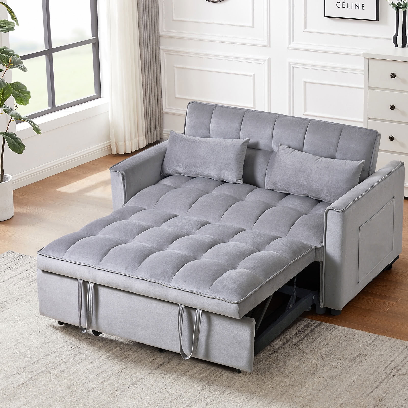 MAYEERTY 3-in-1 Velvet Convertible Sleeper Sofa Bed with Adjustable Backrest Pull-Out Couch for Living Room Apartment Small Space