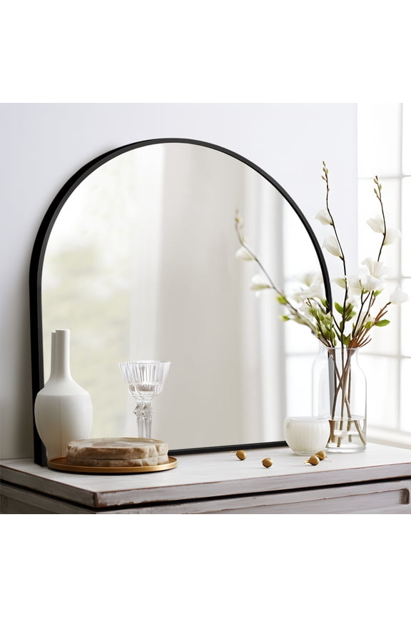 30×28in Modern Arched Aluminum Alloy Black Framed Hanging Mirror, Wall-Mounted for Vanity & Sink