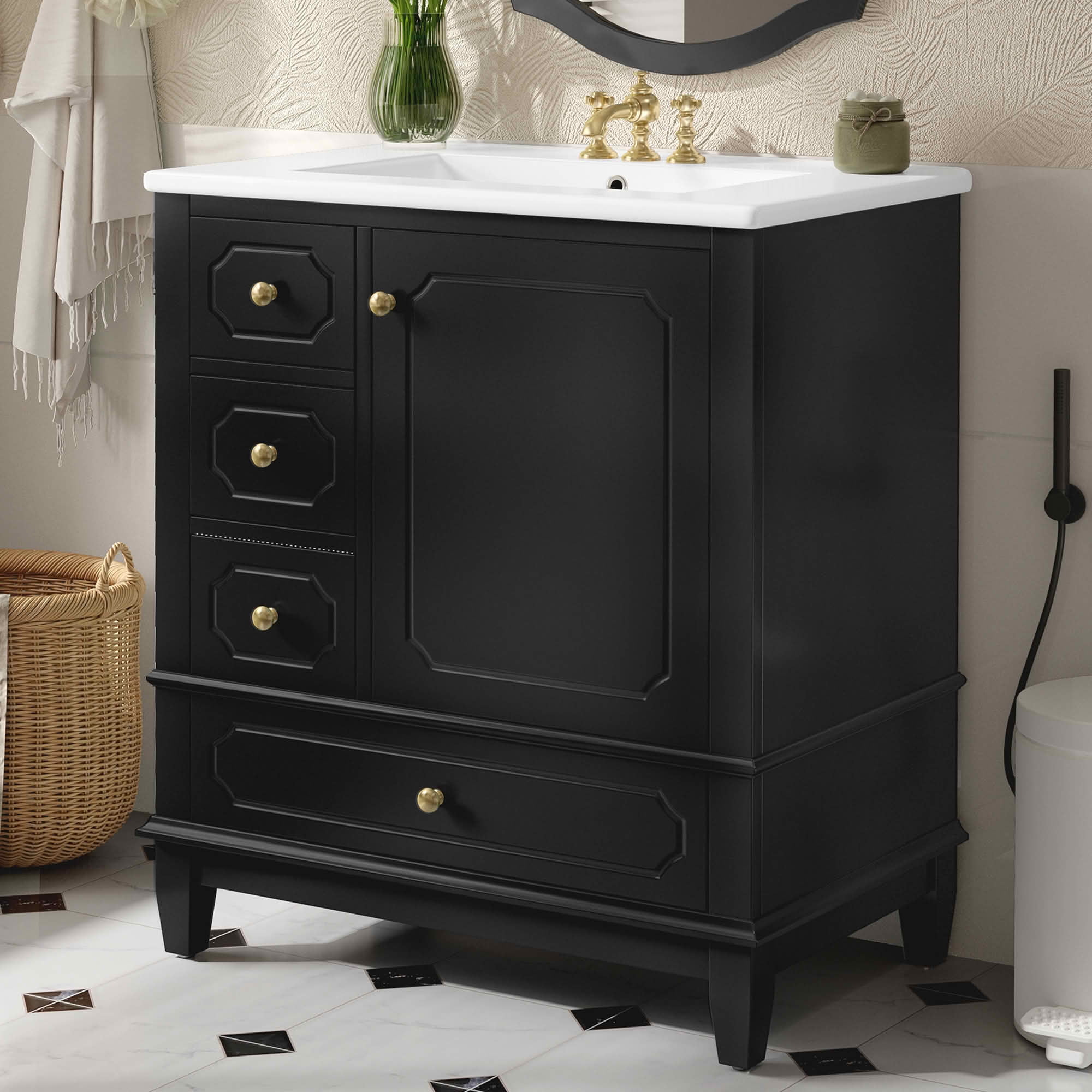 MAYEERTY 30" Bathroom Vanity with Sink, Freestanding Cabinet Ceramic Basin Solid Wood Frame Soft-Close Door 3 Drawers Painted MDF Rubber Wood, Storage Shelves Included, Black