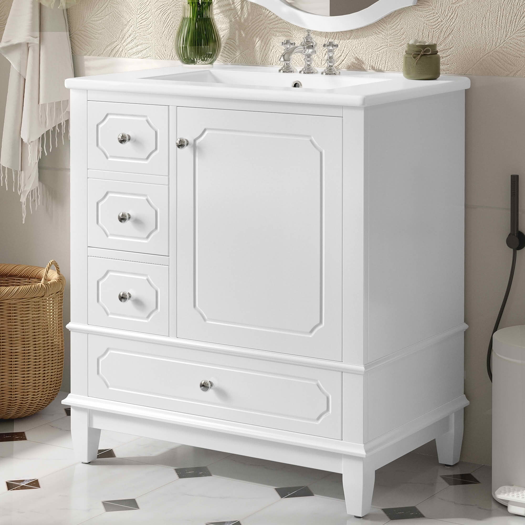 MAYEERTY 30" Bathroom Vanity with Sink, Freestanding Cabinet Ceramic Basin Solid Wood Frame Soft-Close Door 3 Drawers Painted MDF Rubber Wood, Storage Shelves Included, White