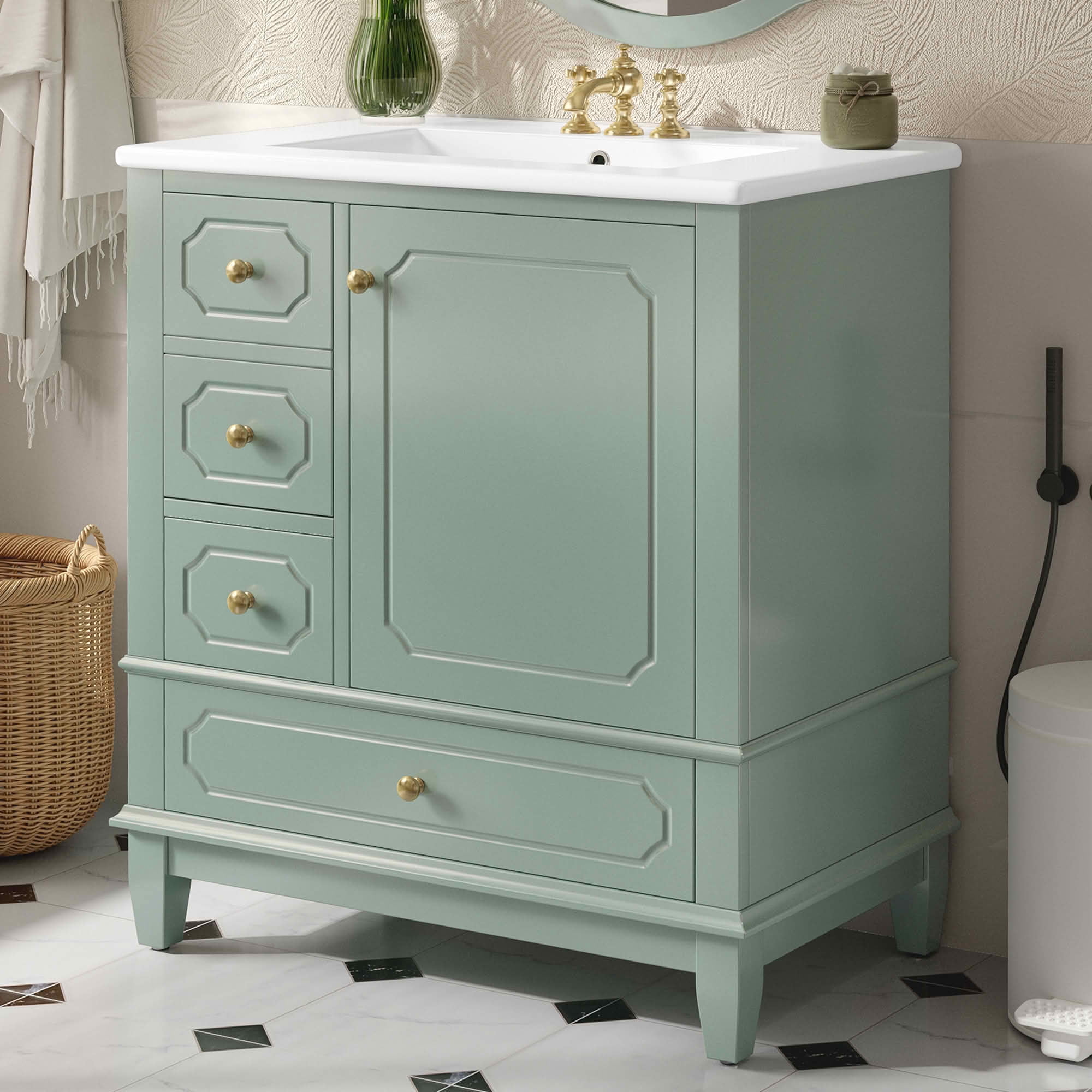 MAYEERTY 30" Bathroom Vanity with Sink, Freestanding Cabinet Ceramic Basin Solid Wood Frame Soft-Close Door 3 Drawers Painted MDF Rubber Wood, Storage Shelves Included, Green