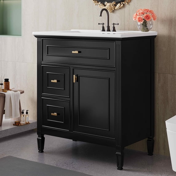 MAYEERTY 30" Bathroom Vanity with Sink, 1 Flip Drawer 2 Drawers Adjustable Shelf, Solid Wood MDF, Black