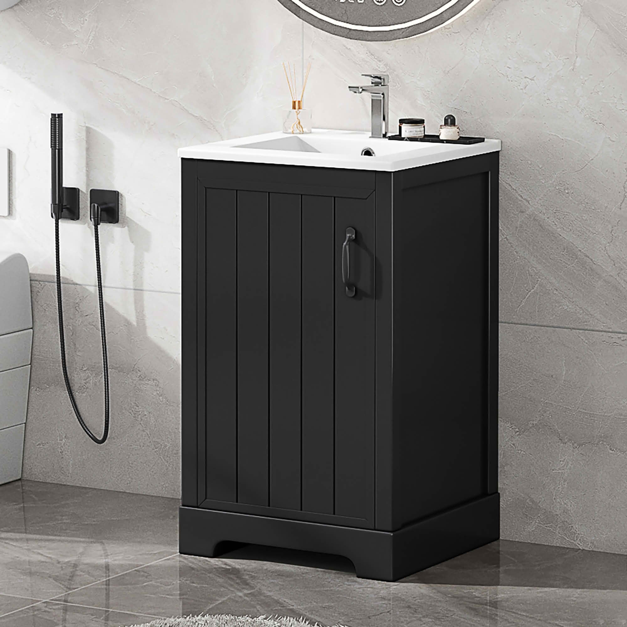 MAYEERTY 30" Bathroom Vanity with Sink Black MDF Rubberwood 3 Drawers Adjustable Shelf Freestanding