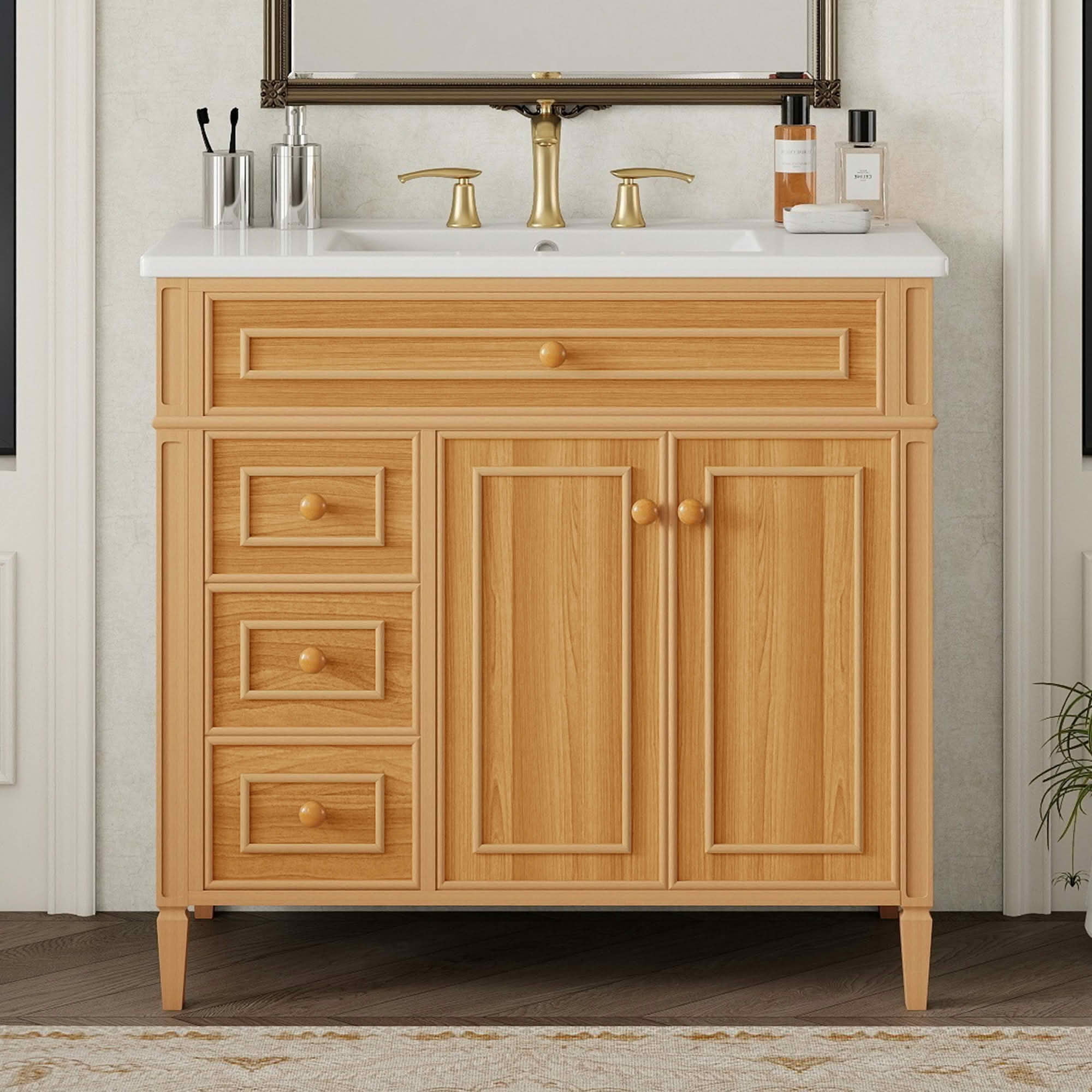 MAYEERTY 30" Bathroom Vanity with Sink Green MDF Rubberwood 3 Drawers Adjustable Shelf Freestanding