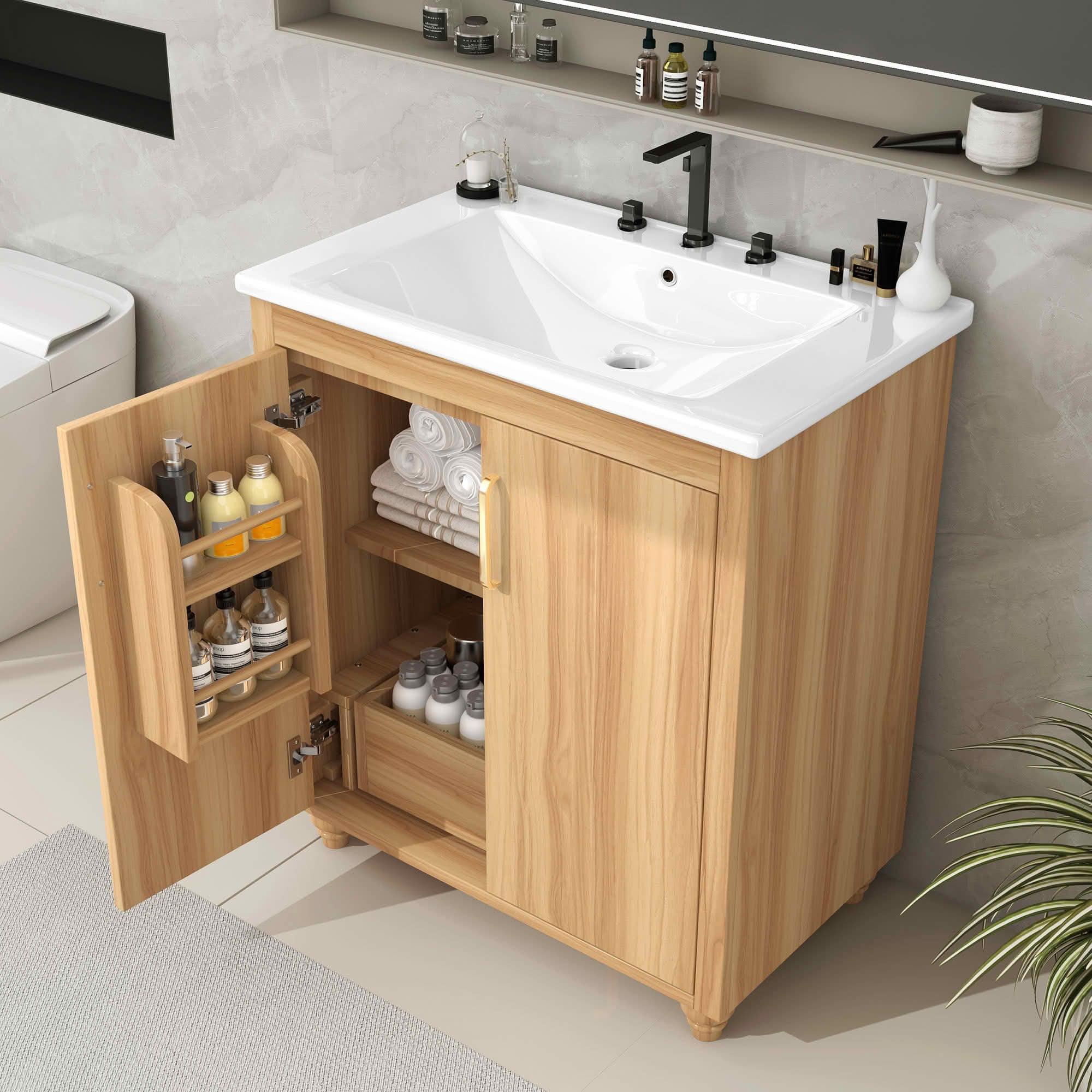 MAYEERTY 30" Bathroom Vanity with Sink Multi-functional Cabinet Doors Drawer MDF Natural