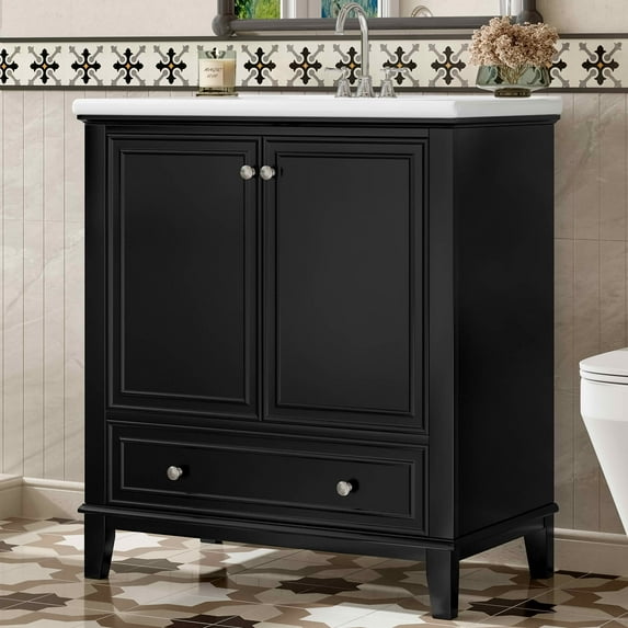 MAYEERTY 30" Bathroom Vanity with Sink Multi-functional Cabinet Doors Drawer Solid Frame MDF Black