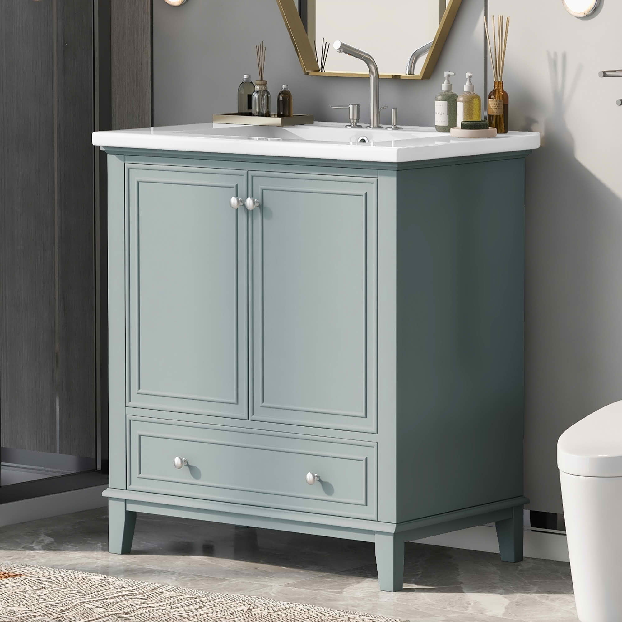MAYEERTY 30" Bathroom Vanity with Sink Multi-functional Cabinet Doors Drawer Solid Frame MDF Green