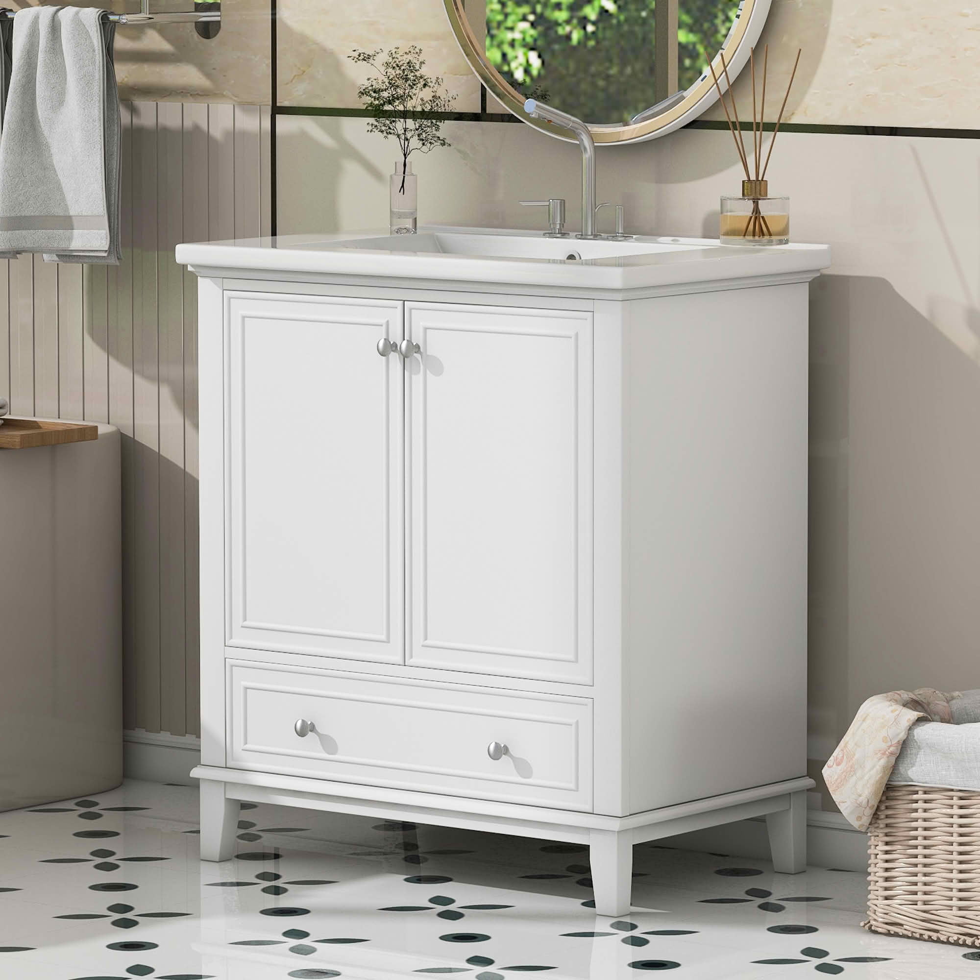 MAYEERTY 30" Bathroom Vanity with Sink Multi-functional Cabinet Doors Drawer Solid Frame MDF White