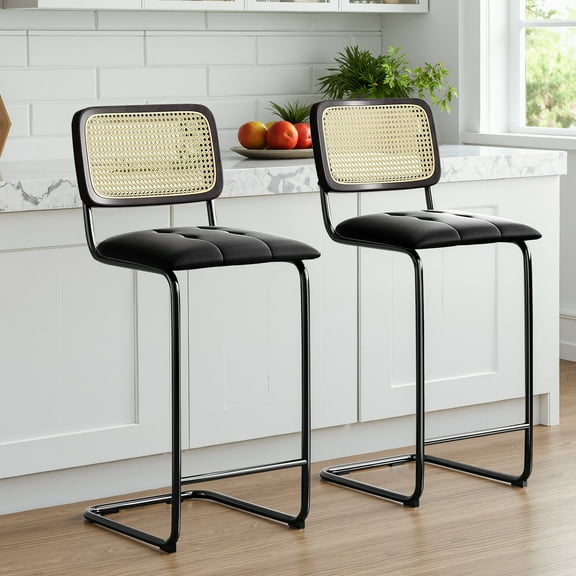 MAYEERTY 30" Black Counter Height Bar Stools Set of 2, PU Leather & Rattan Back, for Dining Areas