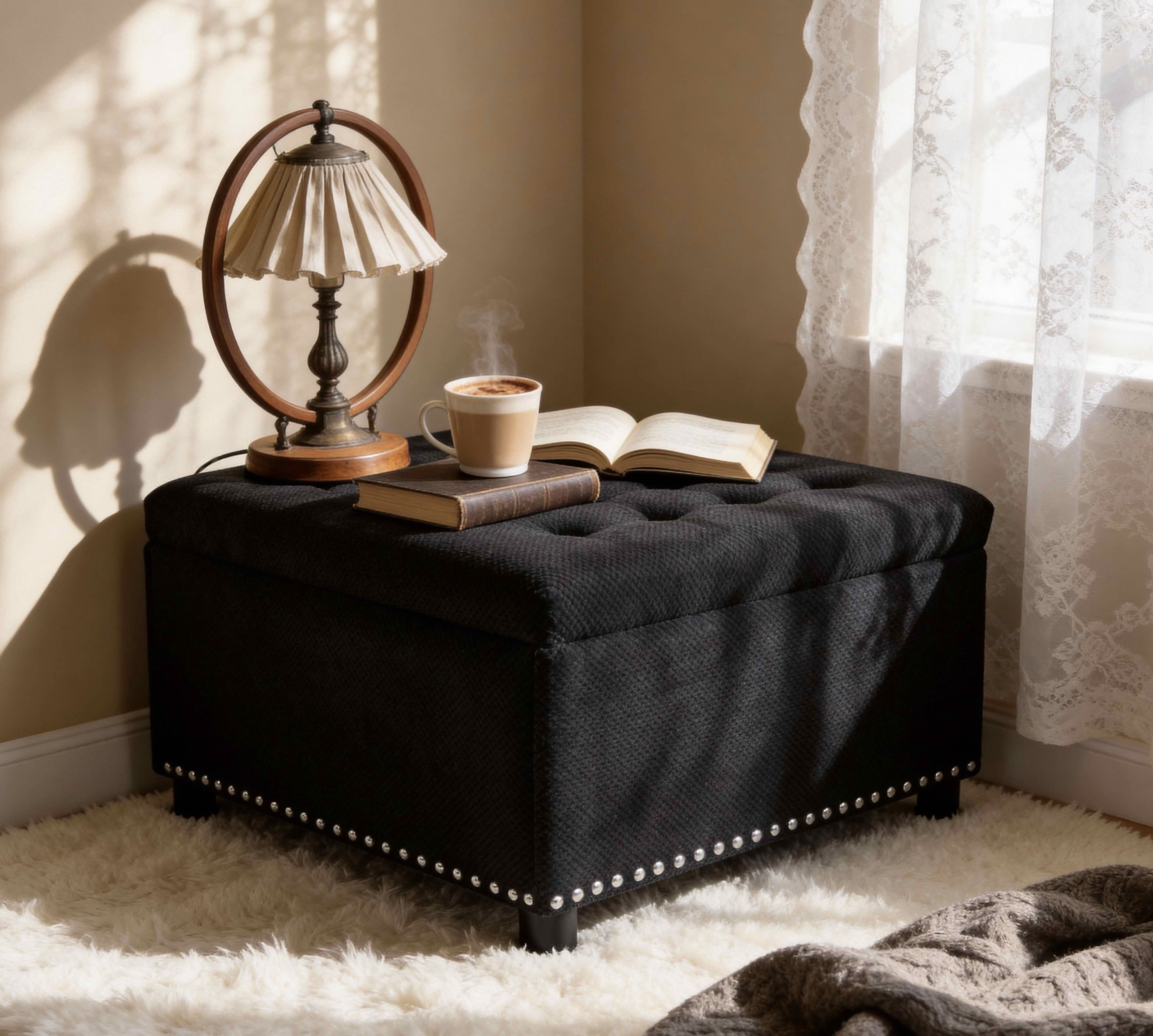 MAYEERTY 30 In Storage Ottoman, Tufted Footstool, Nailhead Trim, Square Ottoman, Black