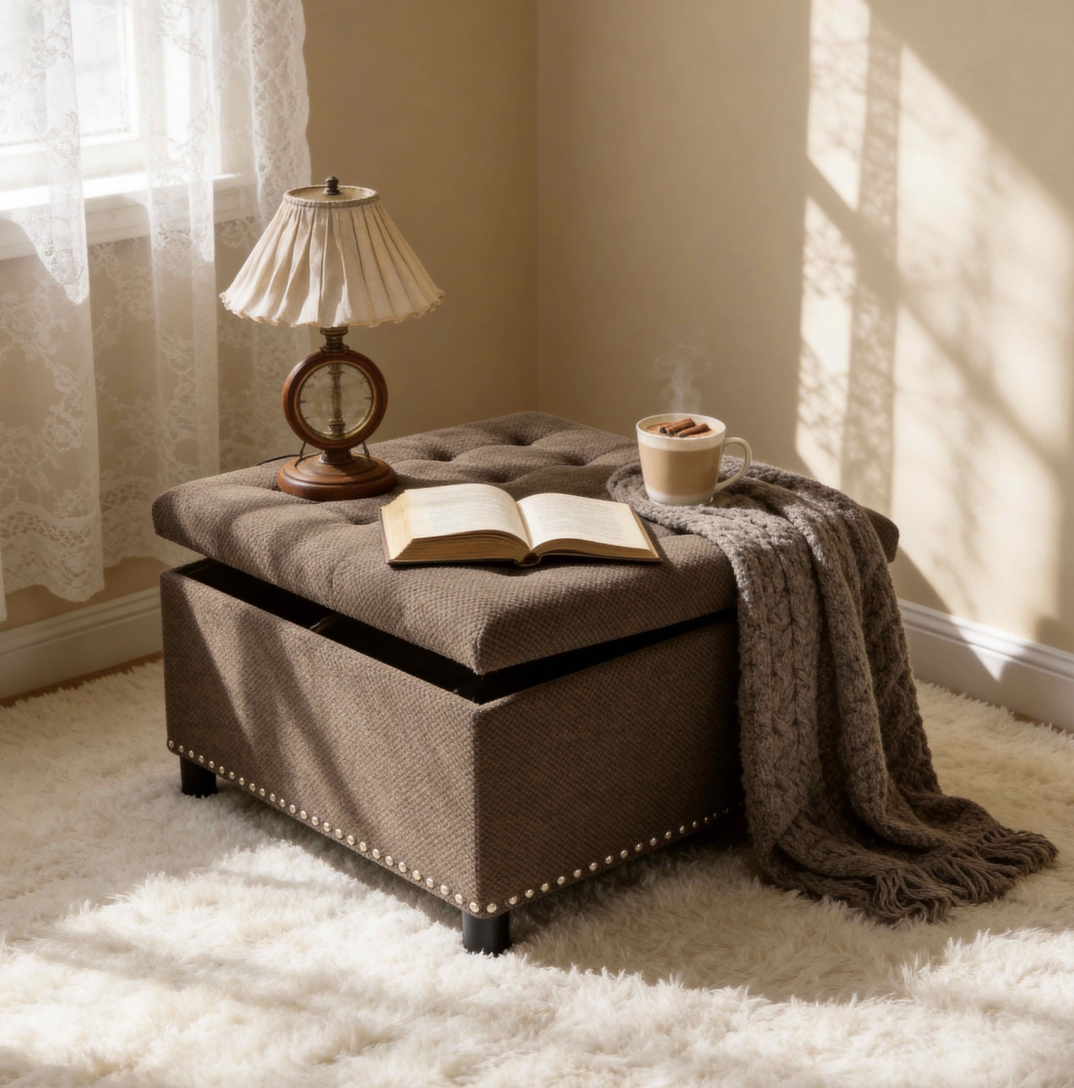 MAYEERTY 30 In Storage Ottoman, Tufted Footstool, Nailhead Trim, Square Ottoman, Coffee