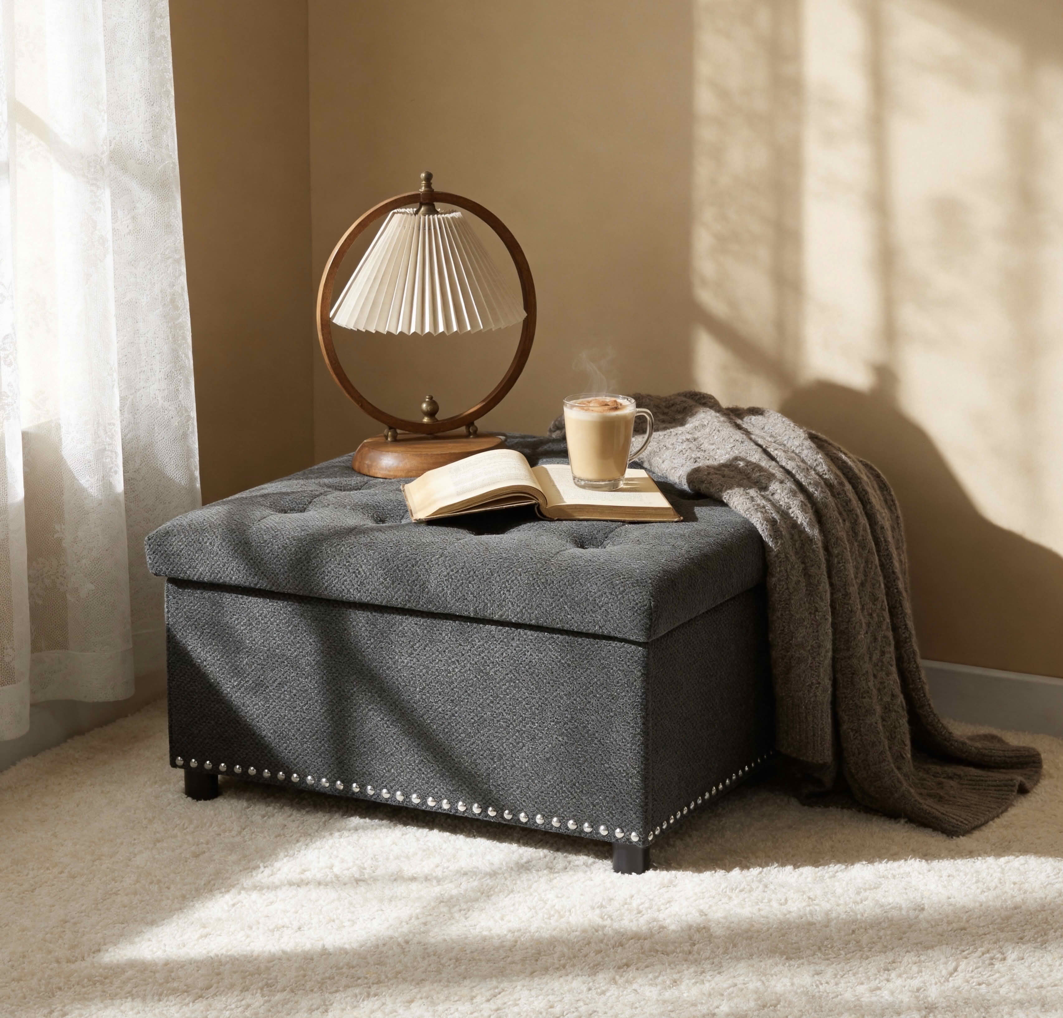 MAYEERTY 30 In Storage Ottoman, Tufted Footstool, Nailhead Trim, Square Ottoman, Dark Grey