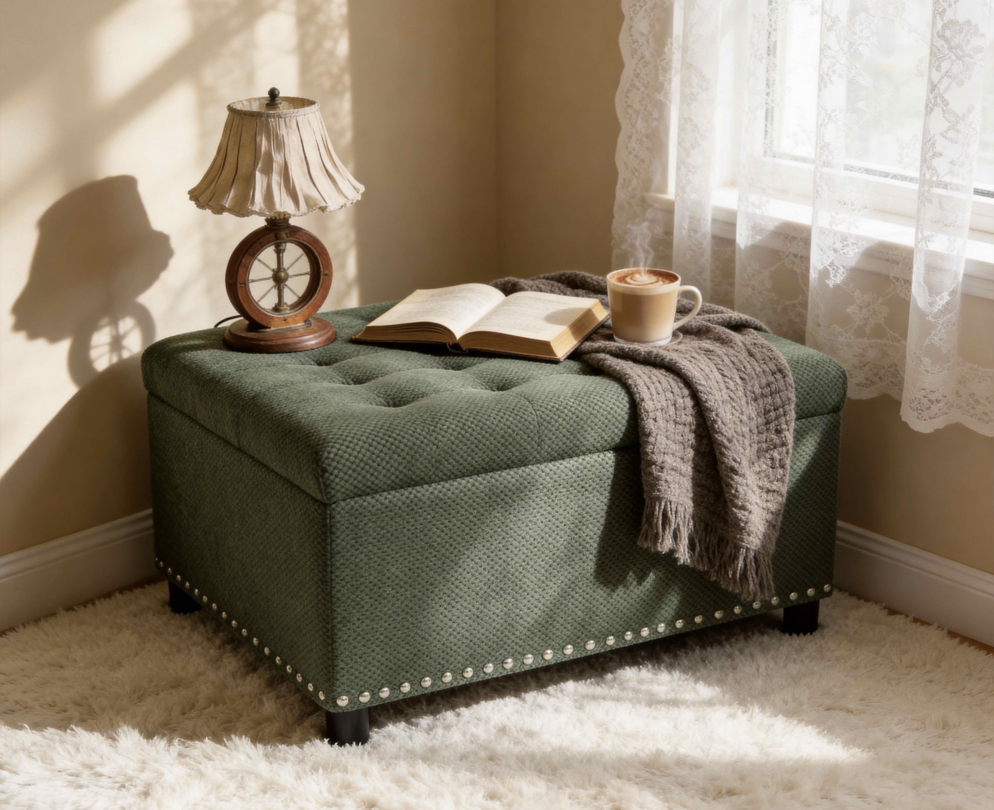 MAYEERTY 30 In Storage Ottoman, Tufted Footstool, Nailhead Trim, Square Ottoman, Green
