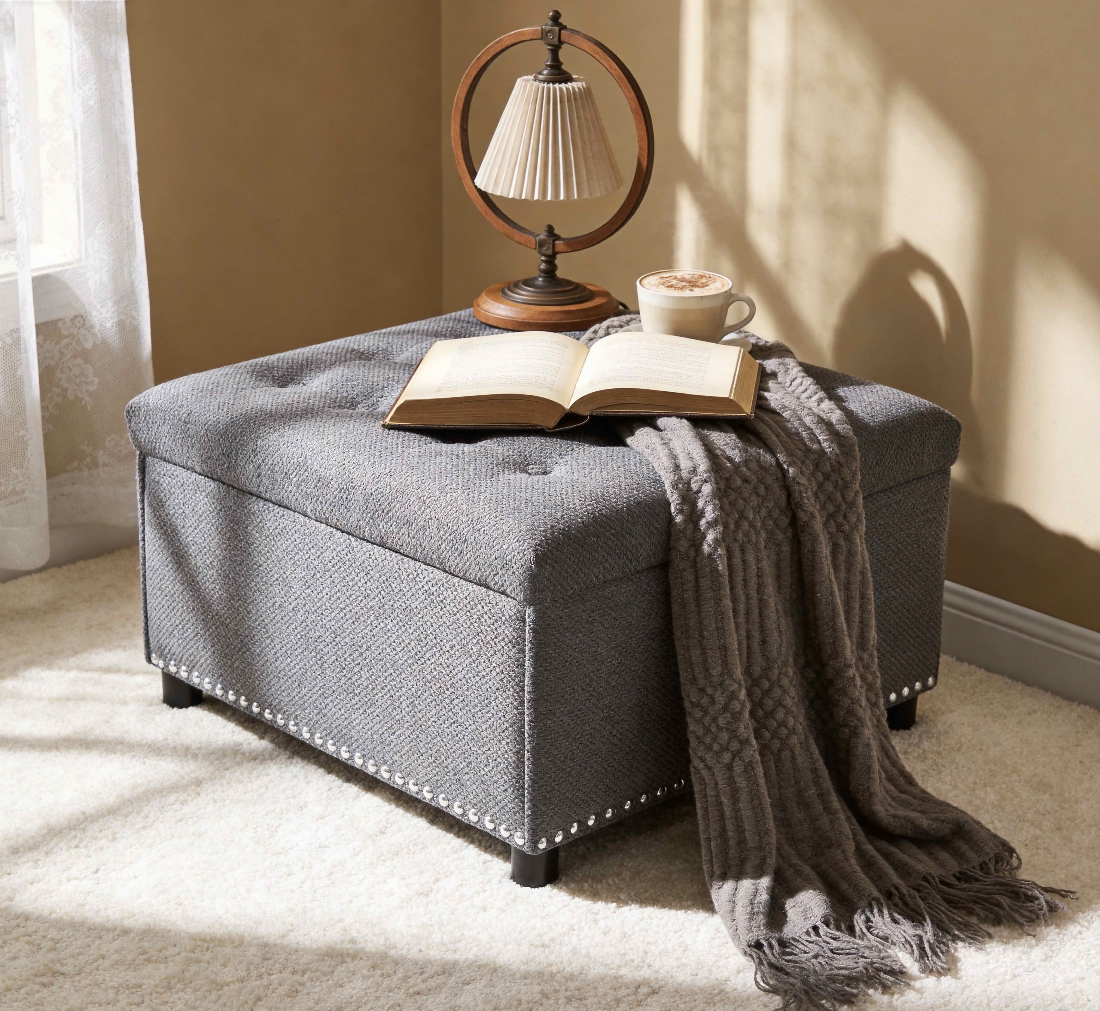 MAYEERTY 30 In Storage Ottoman, Tufted Footstool, Nailhead Trim, Square Ottoman, Light Gray