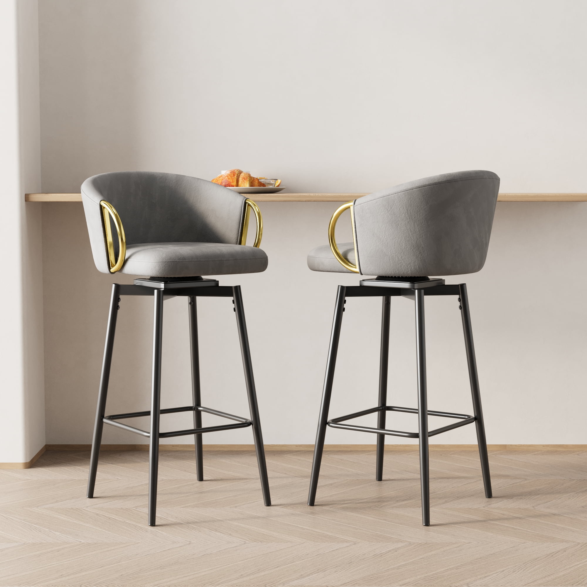 MAYEERTY 30" Velvet Swivel Bar Chairs Set of 2 – Modern Grey & Black, Comfortable, Space-Saving, Easy Assembly
