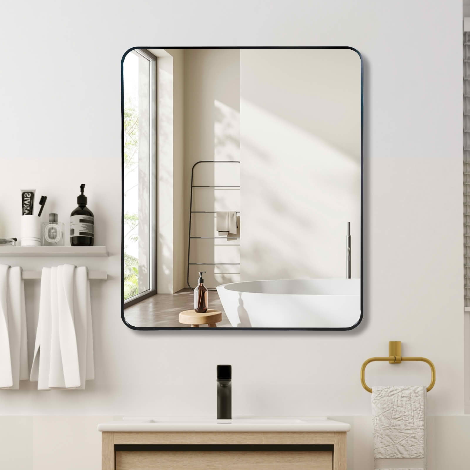 MAYEERTY 30"x36" Black Metal Framed Rectangular Bathroom Wall Mirror, for Bathroom Wall Decor