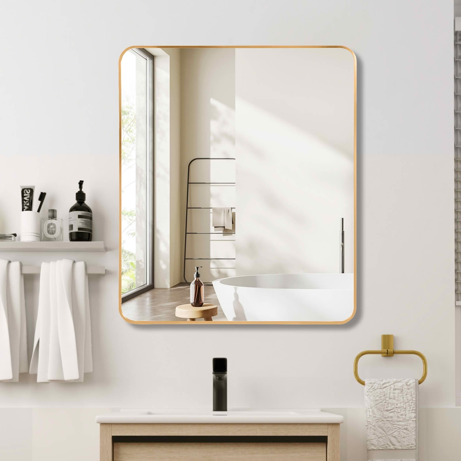 MAYEERTY 30"x36" Gold Metal Framed Rectangular Bathroom Wall Mirror, for Home Bathroom Vanity