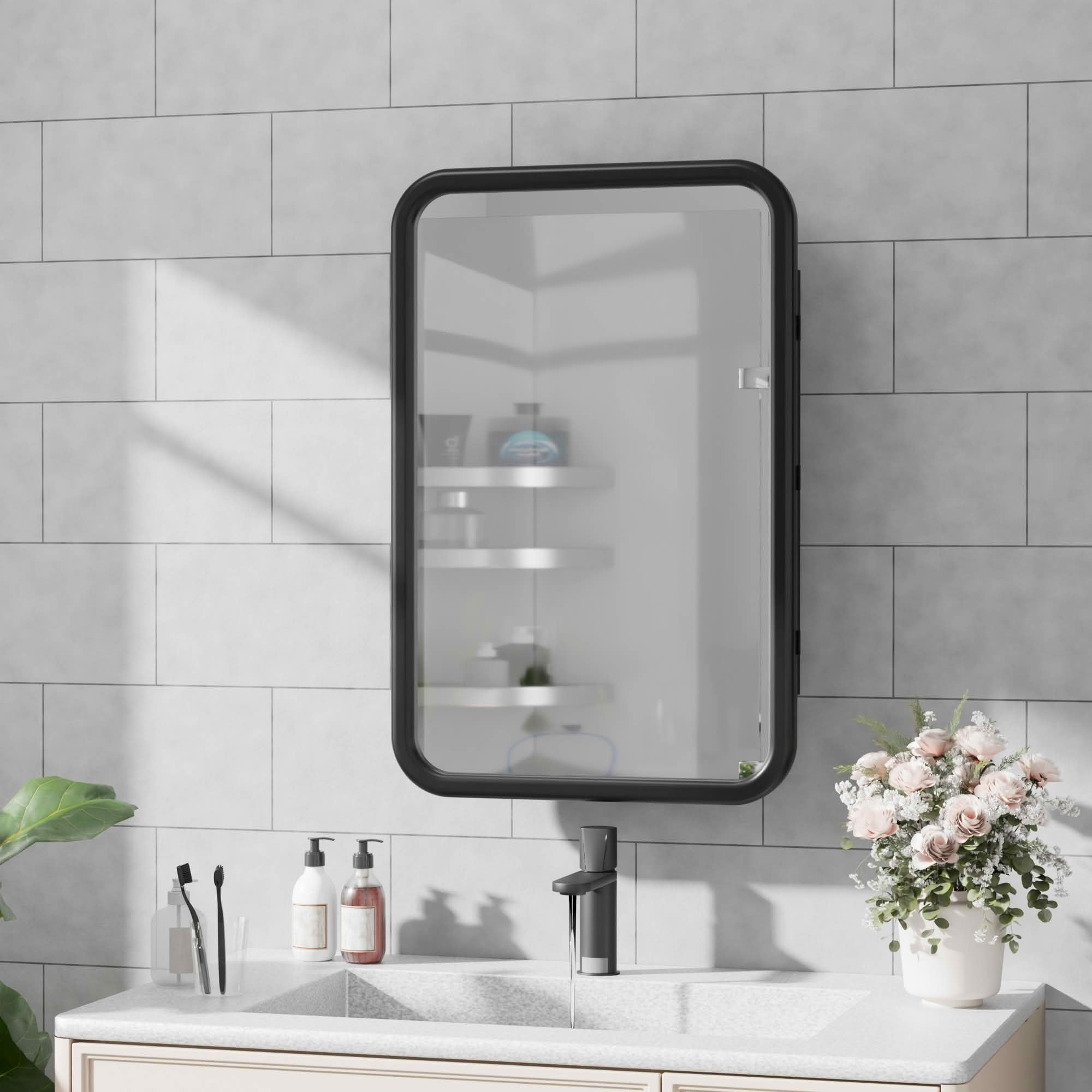 MAYEERTY 30x20x5 Inch Black Metal Round Corner Rectangular Medicine Cabinet for Bathroom