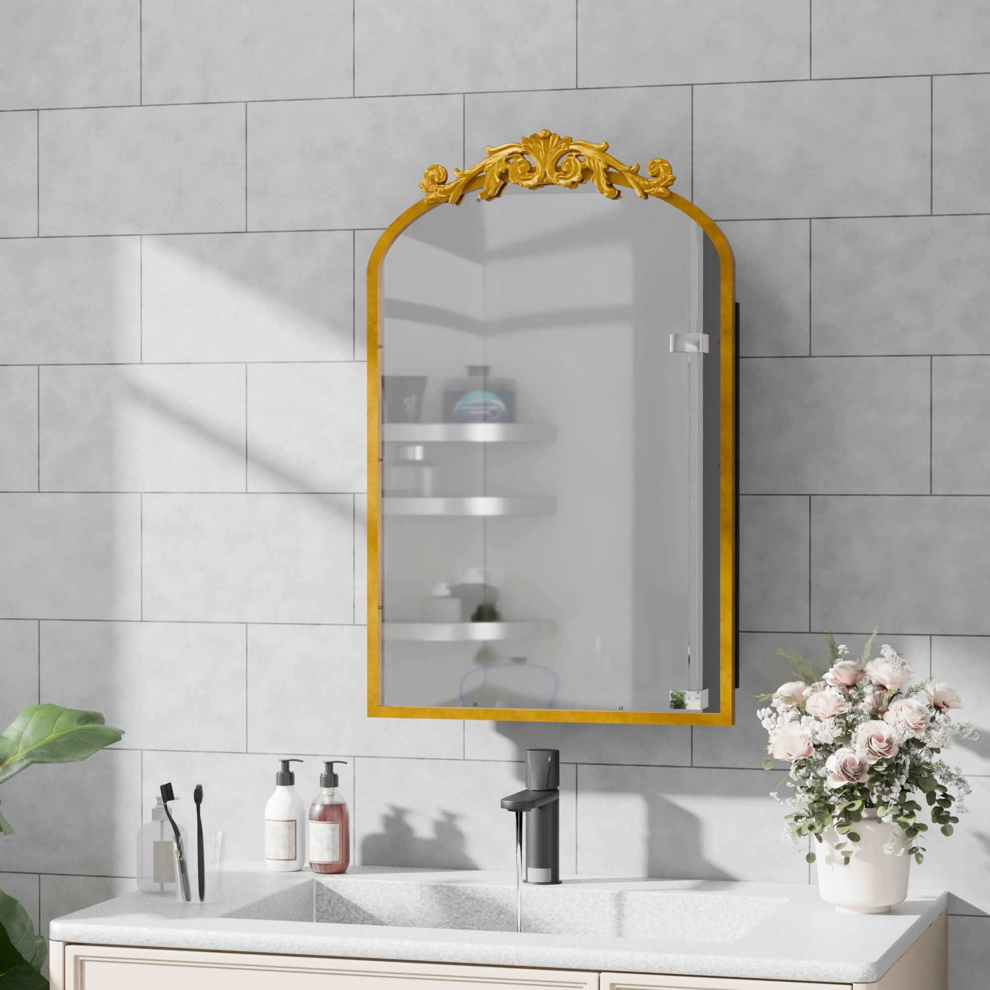 MAYEERTY 30x20x5 Inch Gold Carved Metal Arched Medicine Cabinet for Bathroom