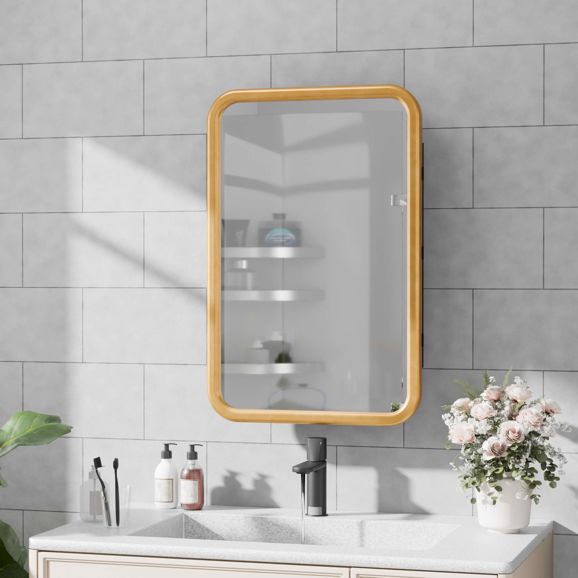 MAYEERTY 30x20x5 Inch Gold Metal Round Corner Rectangular Medicine Cabinet for Bathroom