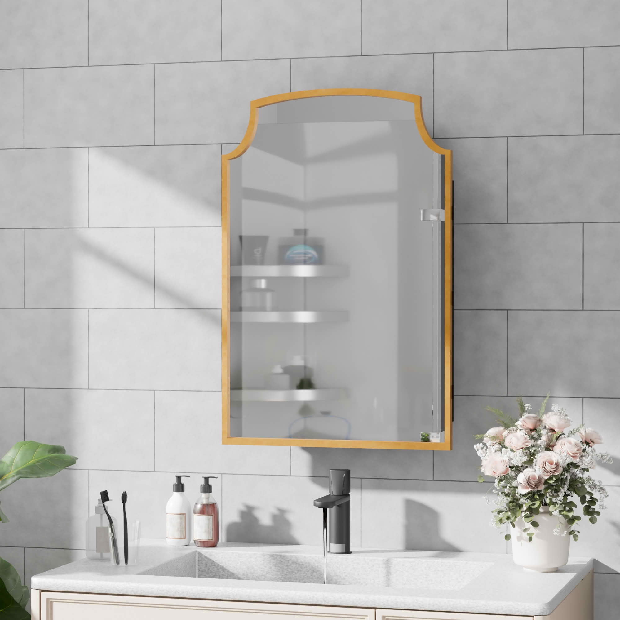 MAYEERTY 30x20x5 Inch Gold Metal Slightly Arched Medicine Cabinet for Bathroom