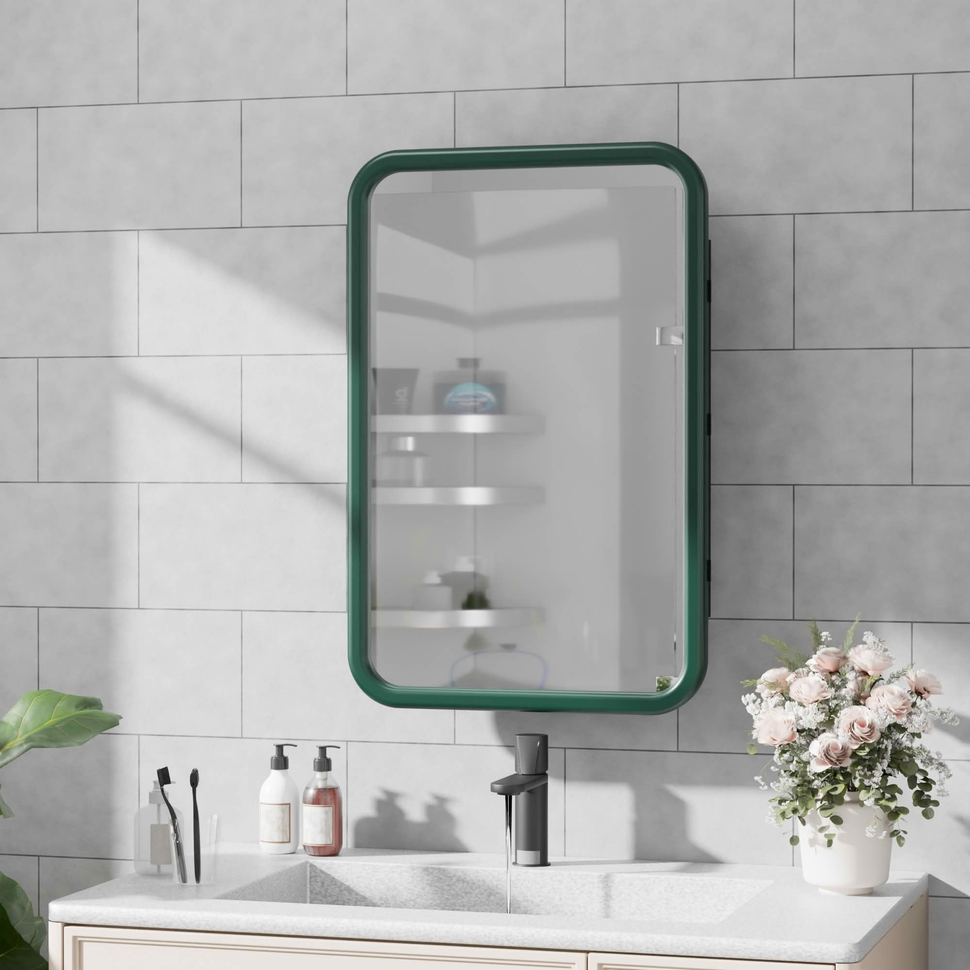 MAYEERTY 30x20x5 Inch Green Metal Round Corner Rectangular Medicine Cabinet for Bathroom