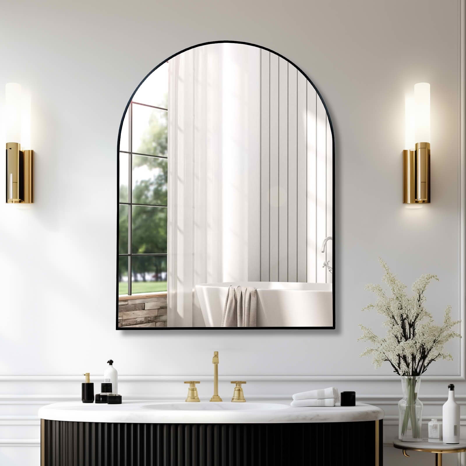 MAYEERTY 30x40 Inch Black Metal Framed Arched Bathroom Wall Mirror, for Oversized Bathroom Decor