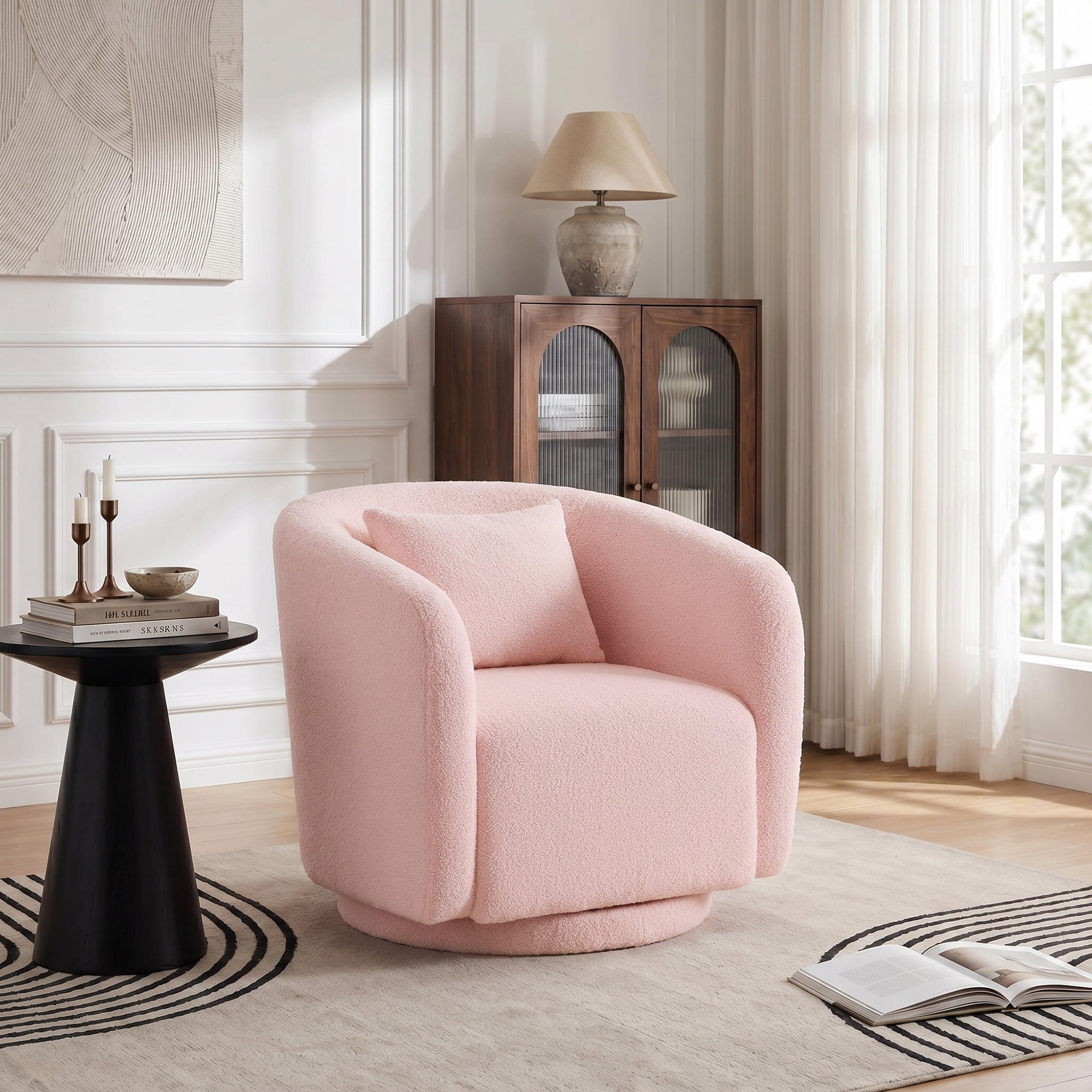 MAYEERTY 31.1" Pink Boucle 360° Swivel Barrel Chair,350LBS Wood Frame Accent Chair with Pillow for Living Room Bedroom Office