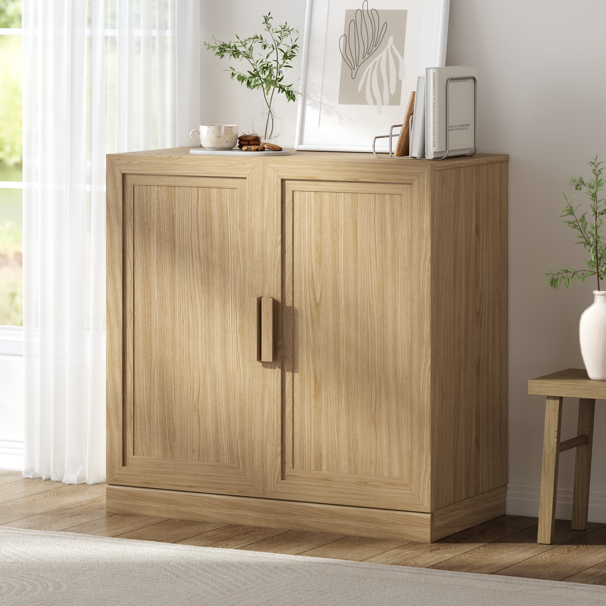 MAYEERTY 31*31*16" Modern Natural Wood Grain Storage Cabinet with Doors for Living Room, Bookshelf
