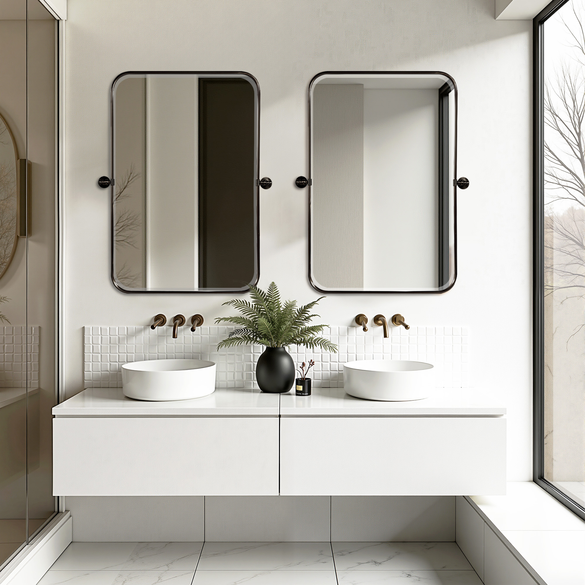 MAYEERTY 32"×24" Black Iron Rectangular Wall Mirror Rounded Corners, Hardware, Double-Sided for Bathroom