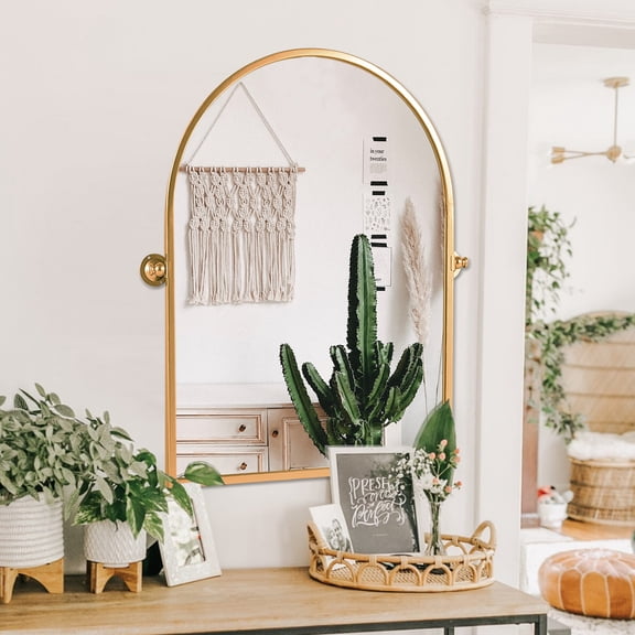 MAYEERTY 32"×24" Gold Iron Arched Wall Mirror Right Angles, Hardware, Luxe Accent for Any Room