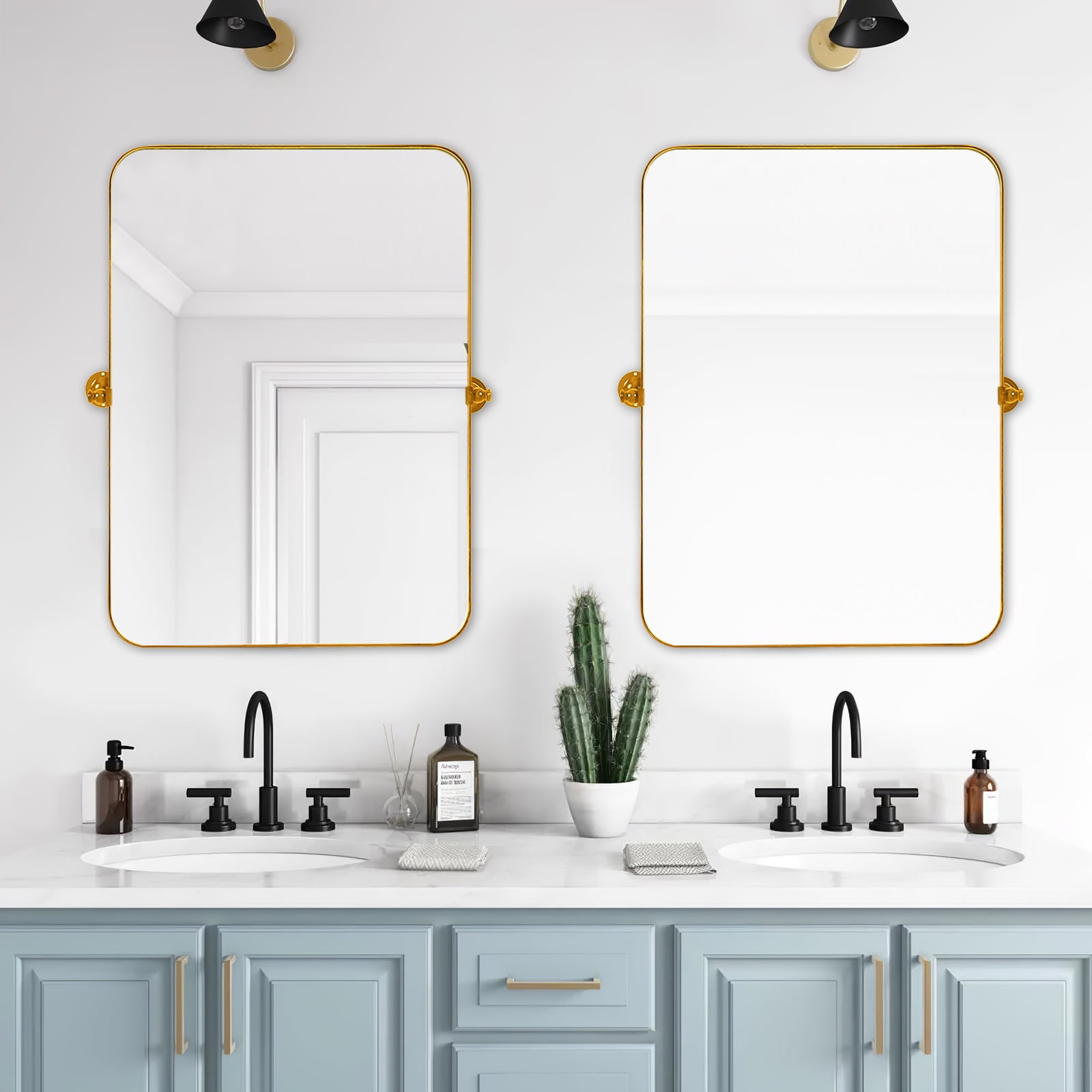 MAYEERTY 32"×24" Gold Iron Rectangular Wall Mirror Rounded Corners, Hardware, Double-Sided for Home Decor