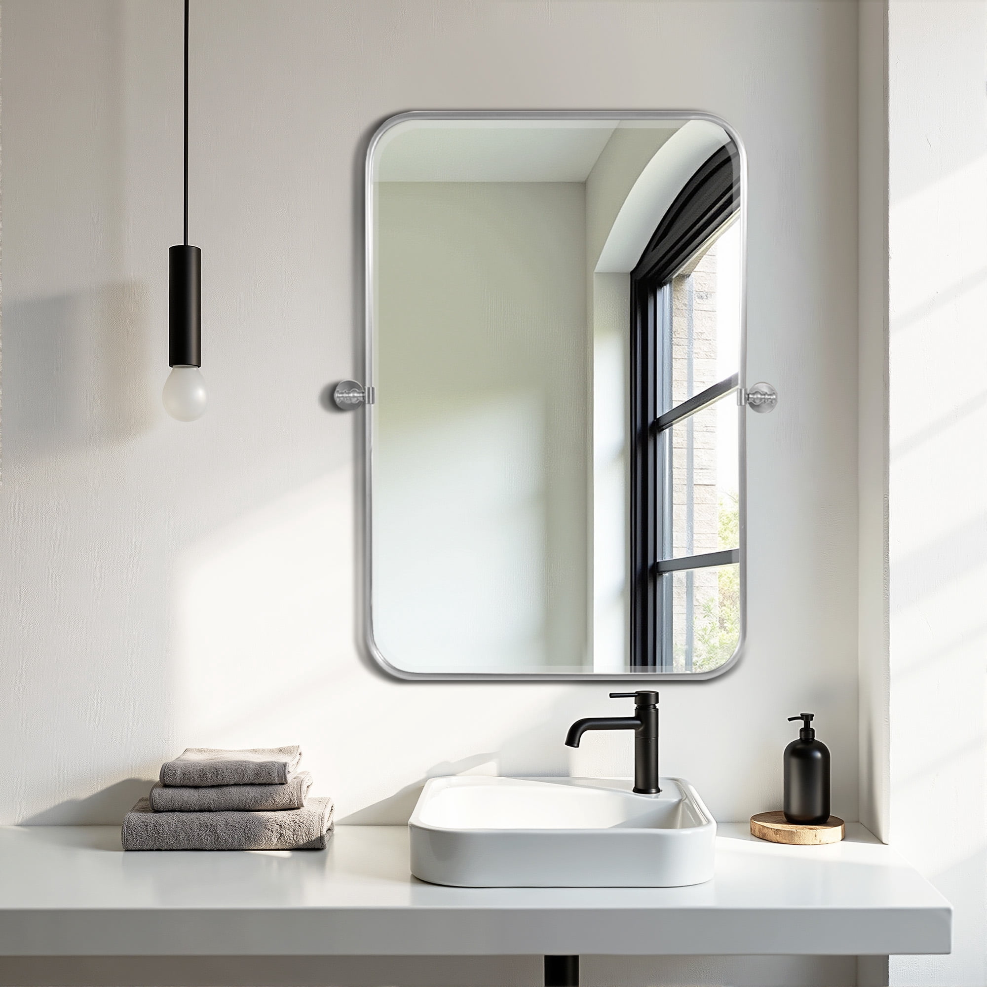 MAYEERTY 32"×24" Silver Iron Rectangular Wall Mirror Rounded Corners, Hardware, Double-Sided for Bathroom