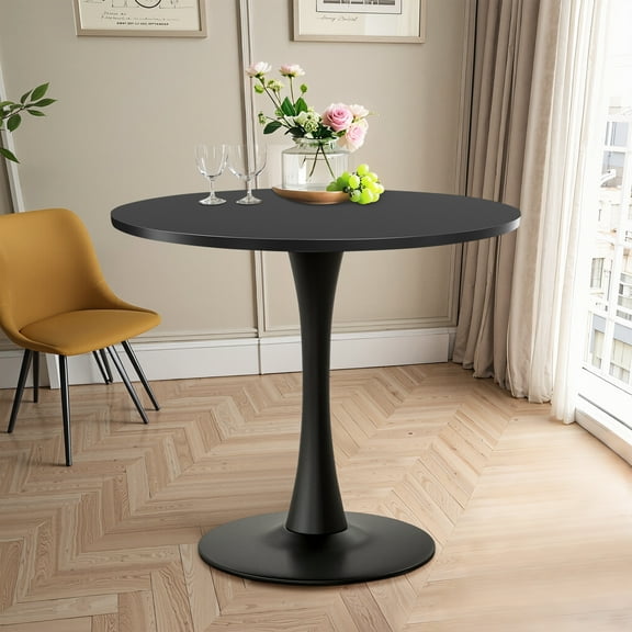 MAYEERTY 31.5" Black Small Round Dining Tulip Table, Wood Top, Metal Base, Functional for 2-4 Gatherings